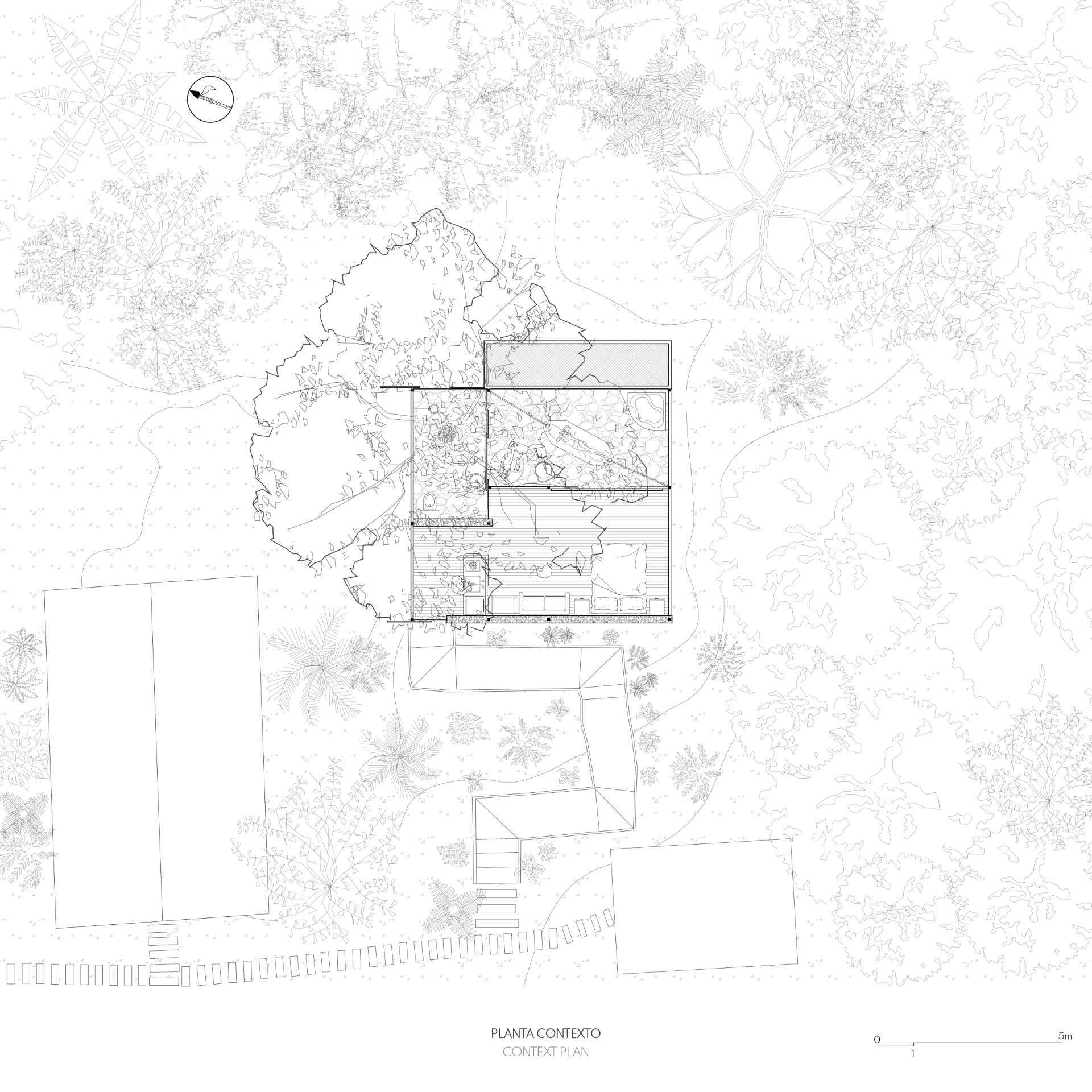 Architectural drawings of a room in the jungle that includes a sleeping area, bathroom, and a balcony.