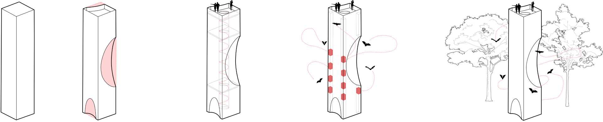 A modern wood watchtower which acts as a lookout and as a bat habitat.