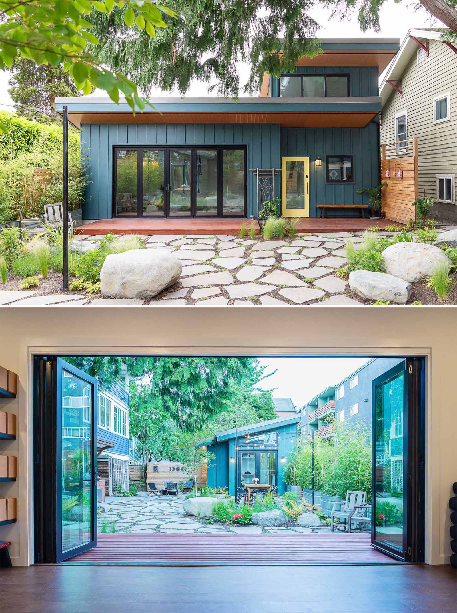 A pair of backyard cottages designed as a home office and a yoga studio.