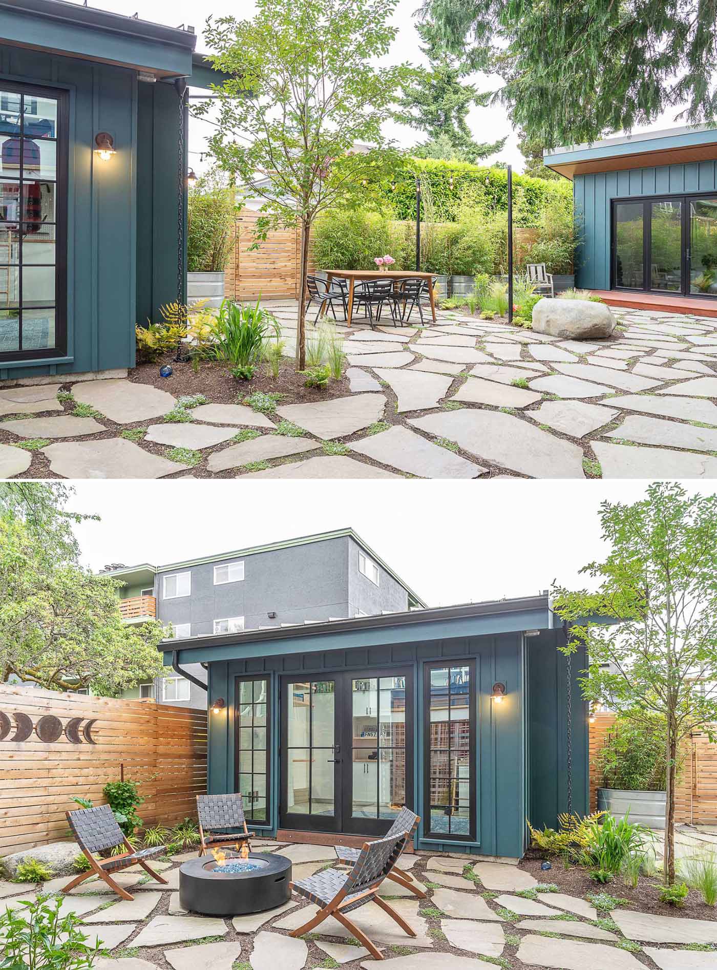 A pair of backyard cottages designed as a home office and a yoga studio.