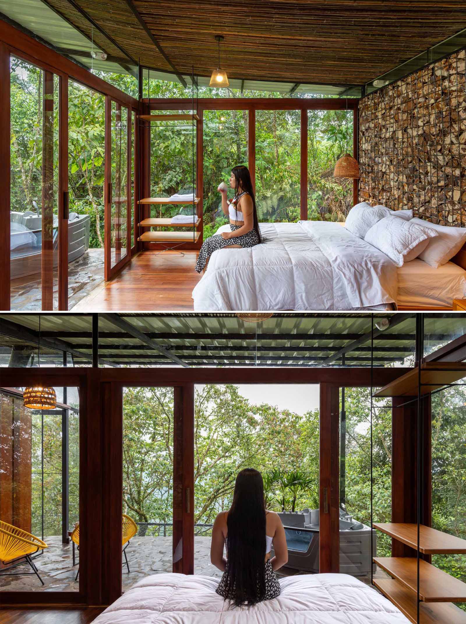 A room in the jungle includes a sleeping area, bathroom, and a balcony.