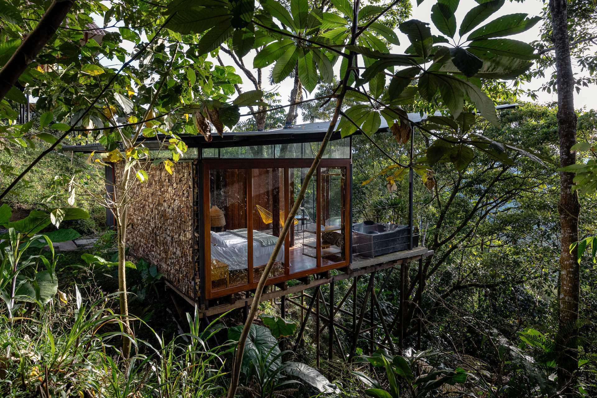 A room in the jungle includes a sleeping area, bathroom, and a balcony.