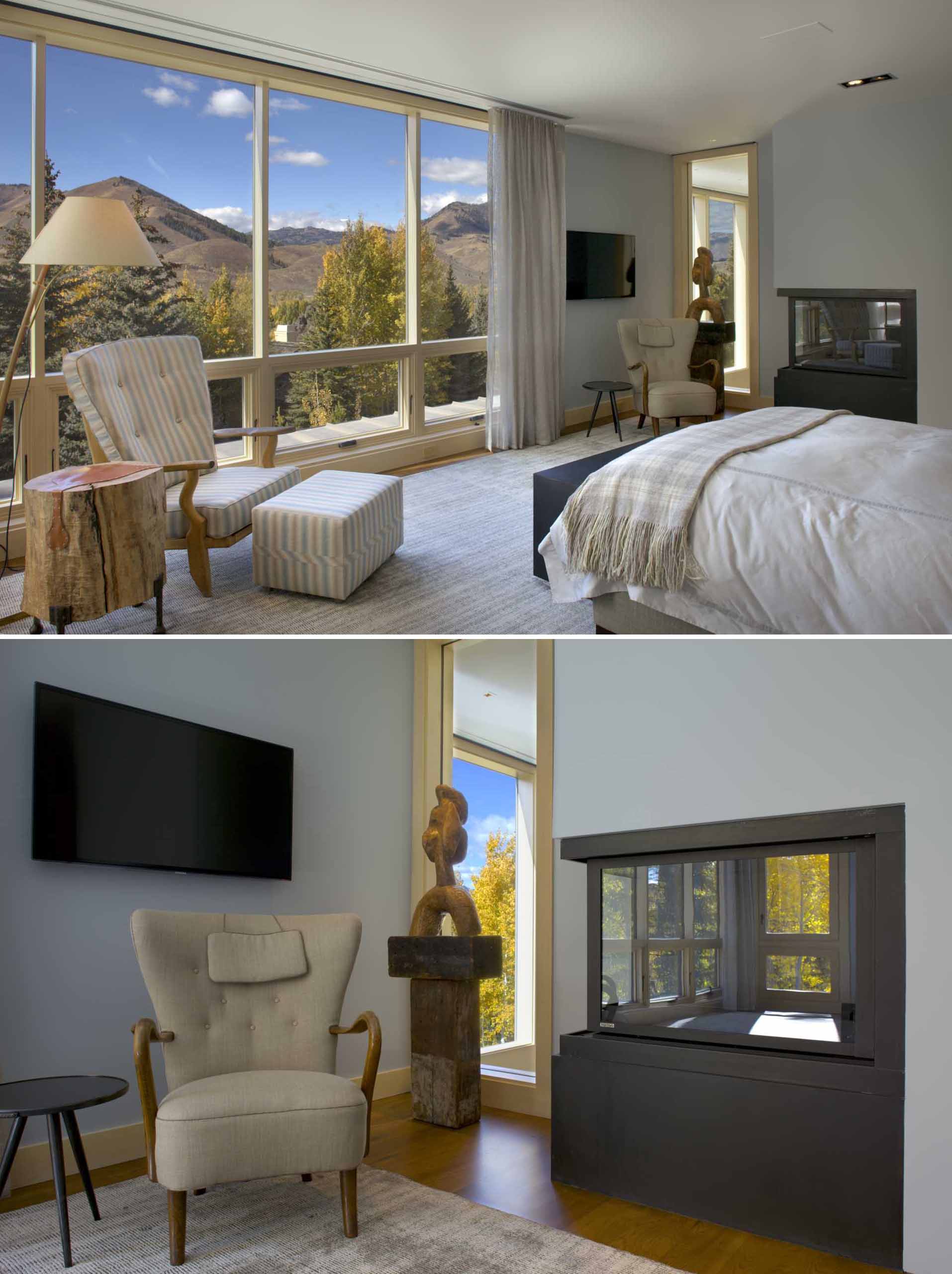 A contemporary bedroom with a fireplace.