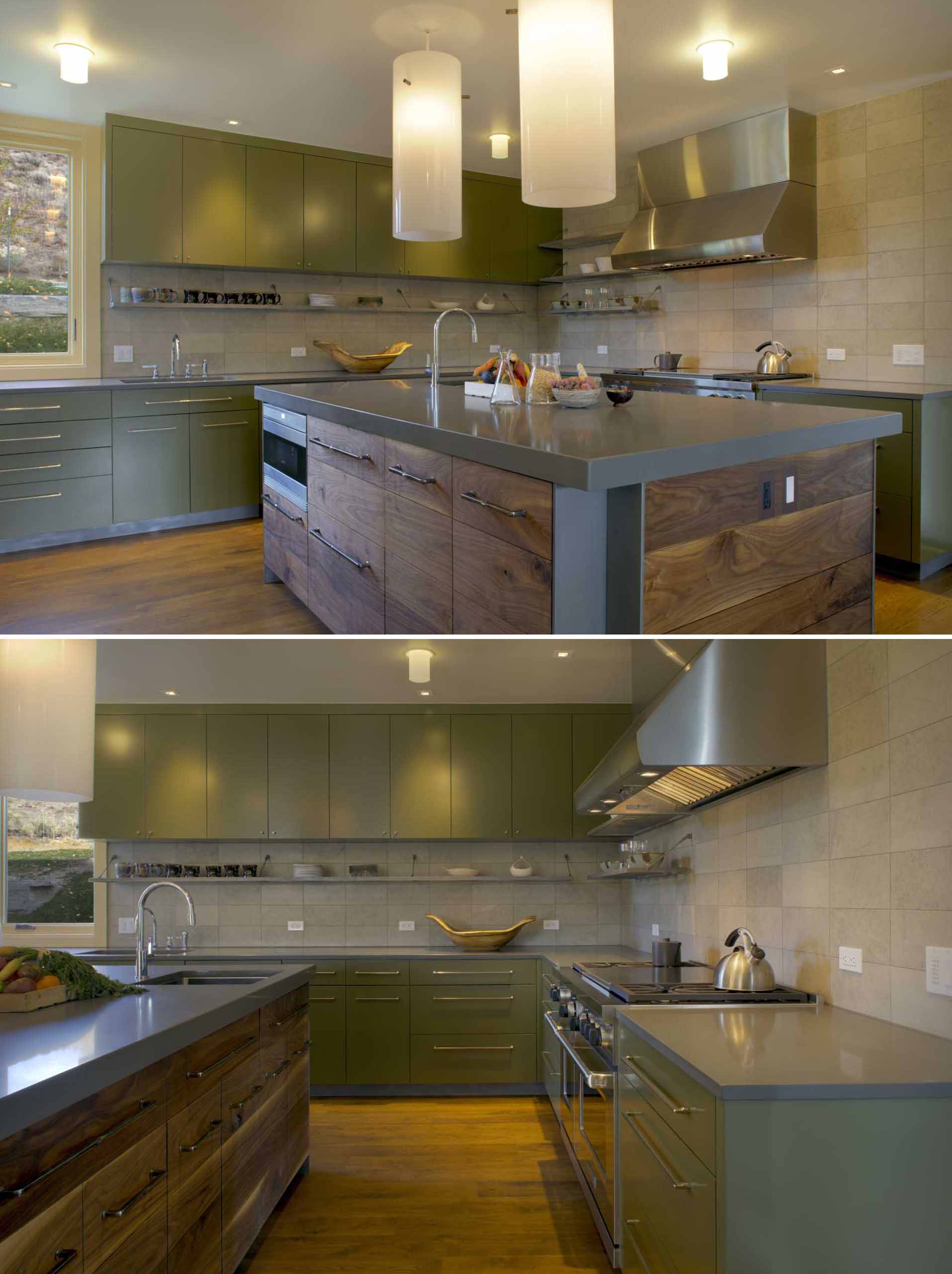 The kitchen, with its green cabinets, includes a large island and a wine fridge.