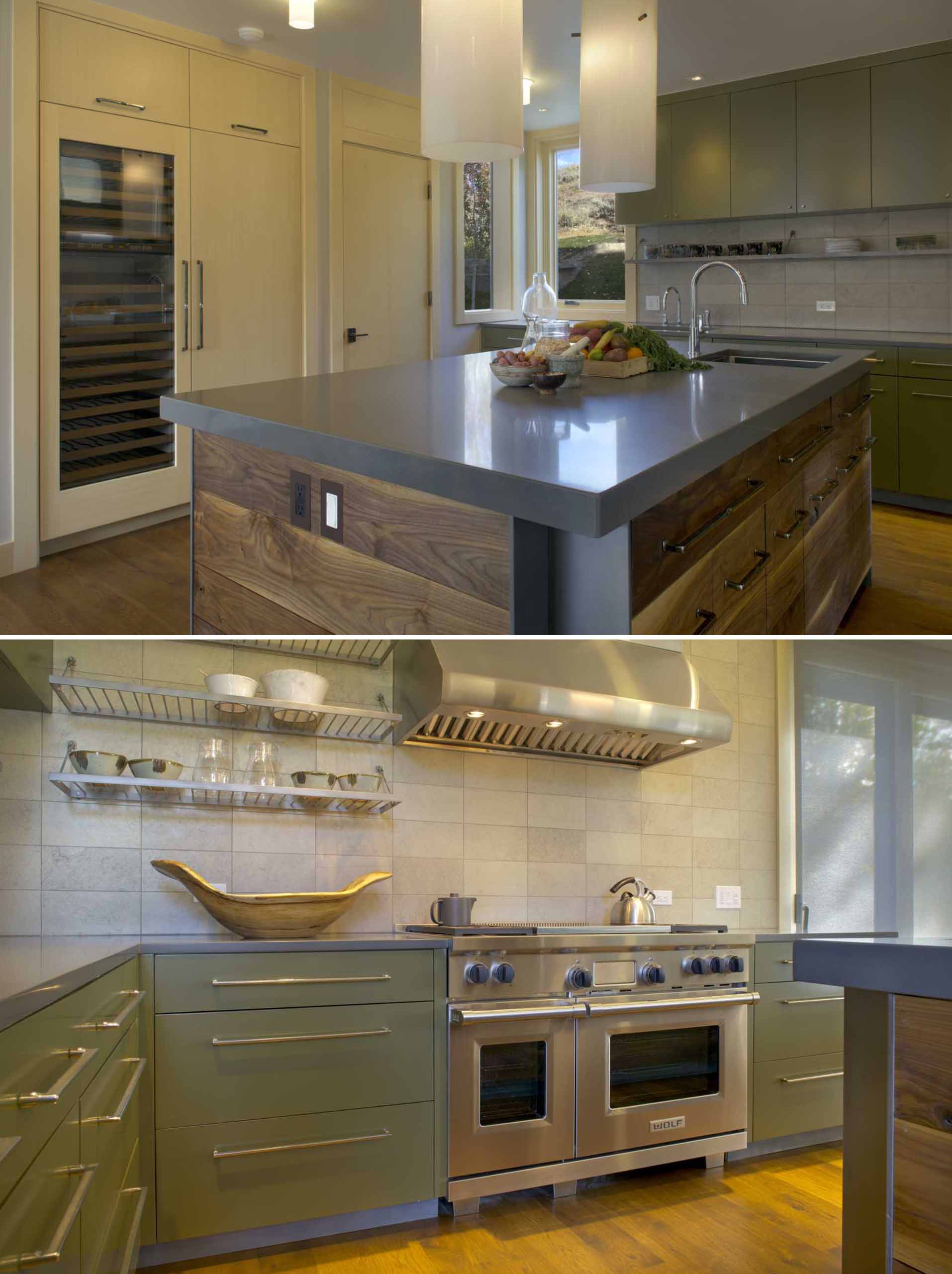 The kitchen, with its green cabinets, includes a large island and a wine fridge.