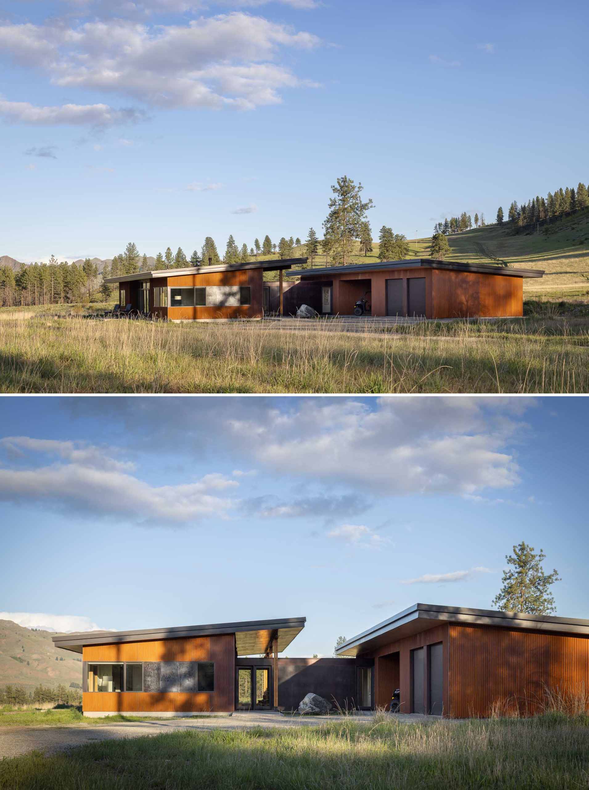 A contemporary home on a ranch clad with weathered corrugated metal siding.