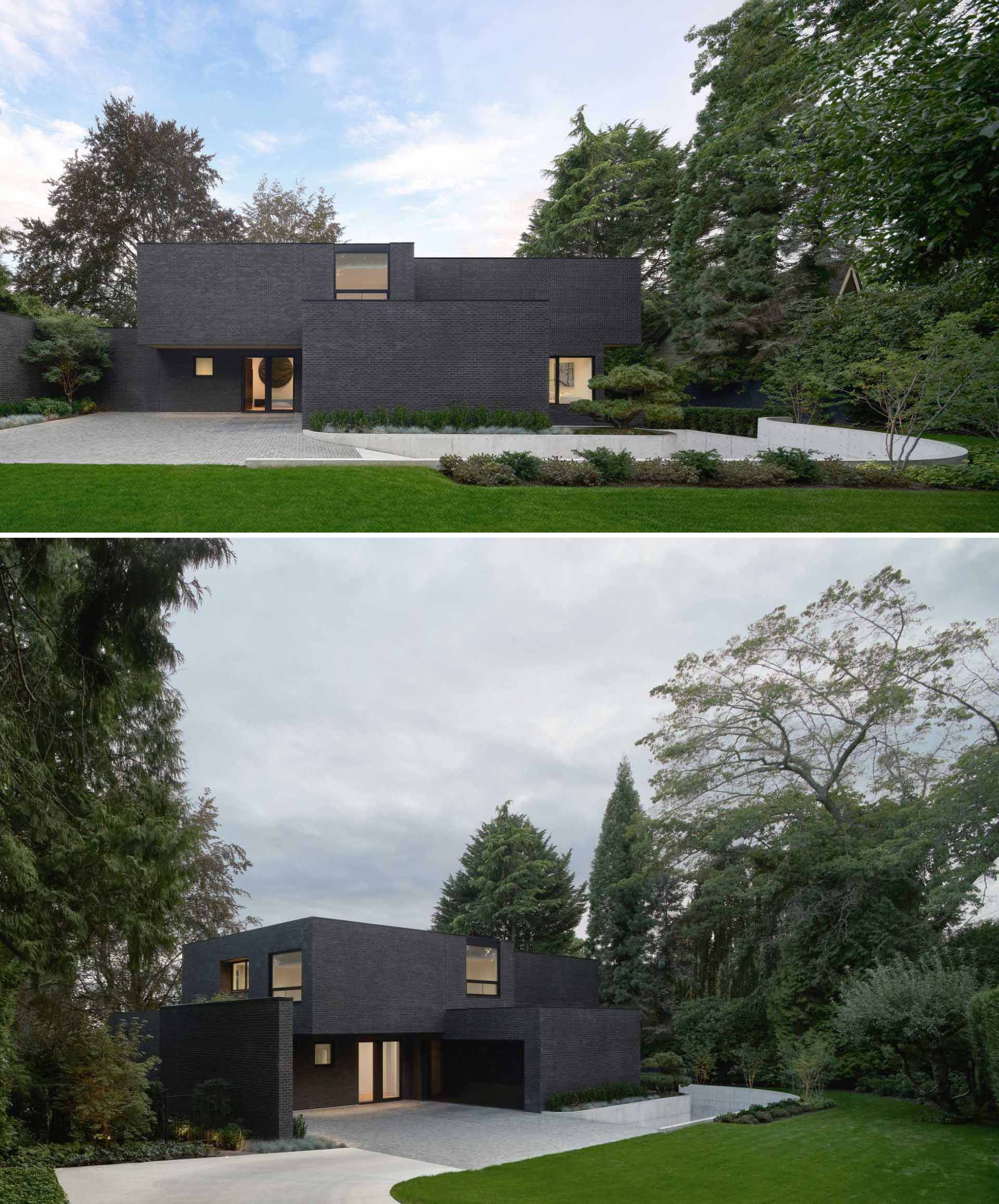 A modern house with a dark brick exterior.