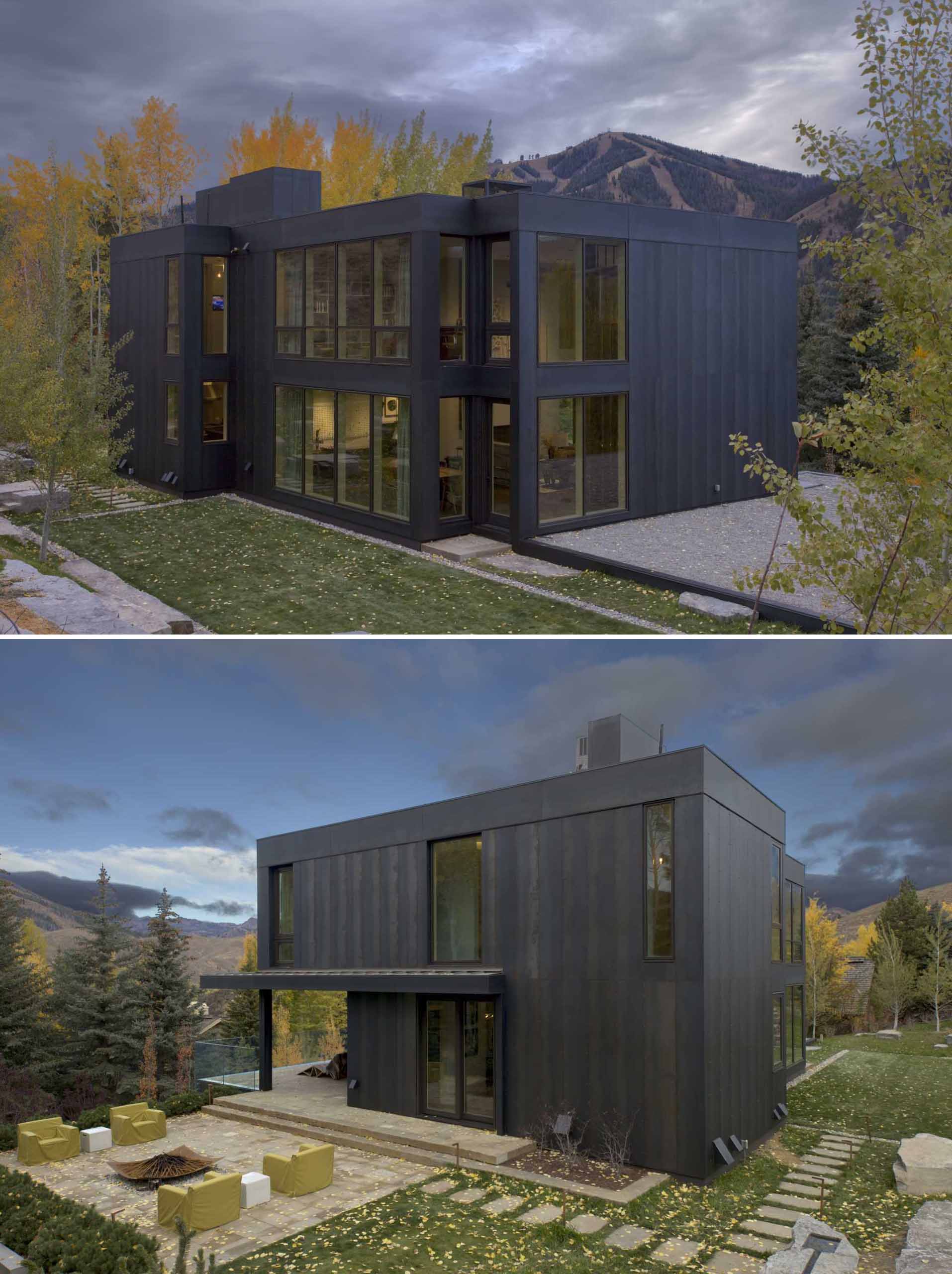 The sheet metal skin of oiled steel was selected for the siding of this modern home to bring in the dark tones of the stone masses that had been so inspirational in the design of the home.