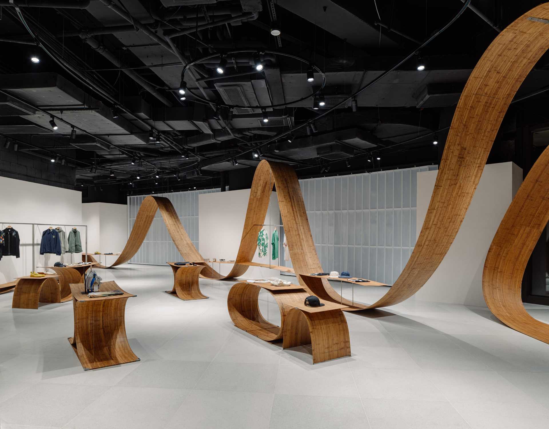 A pop-up shop and exhibition space includes sculptures and furniture made from bamboo.