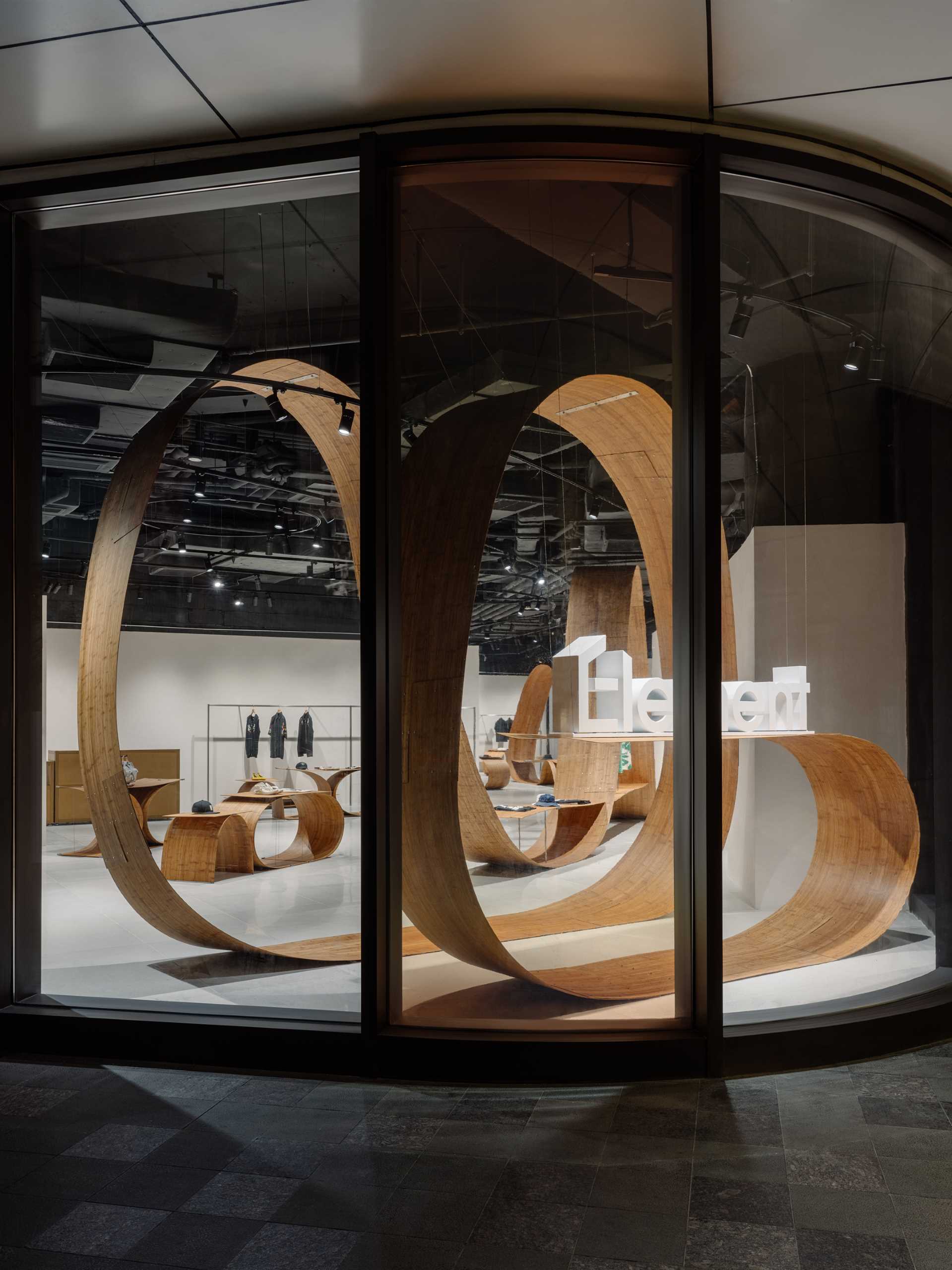 A pop-up shop and exhibition space includes sculptures and furniture made from bamboo.