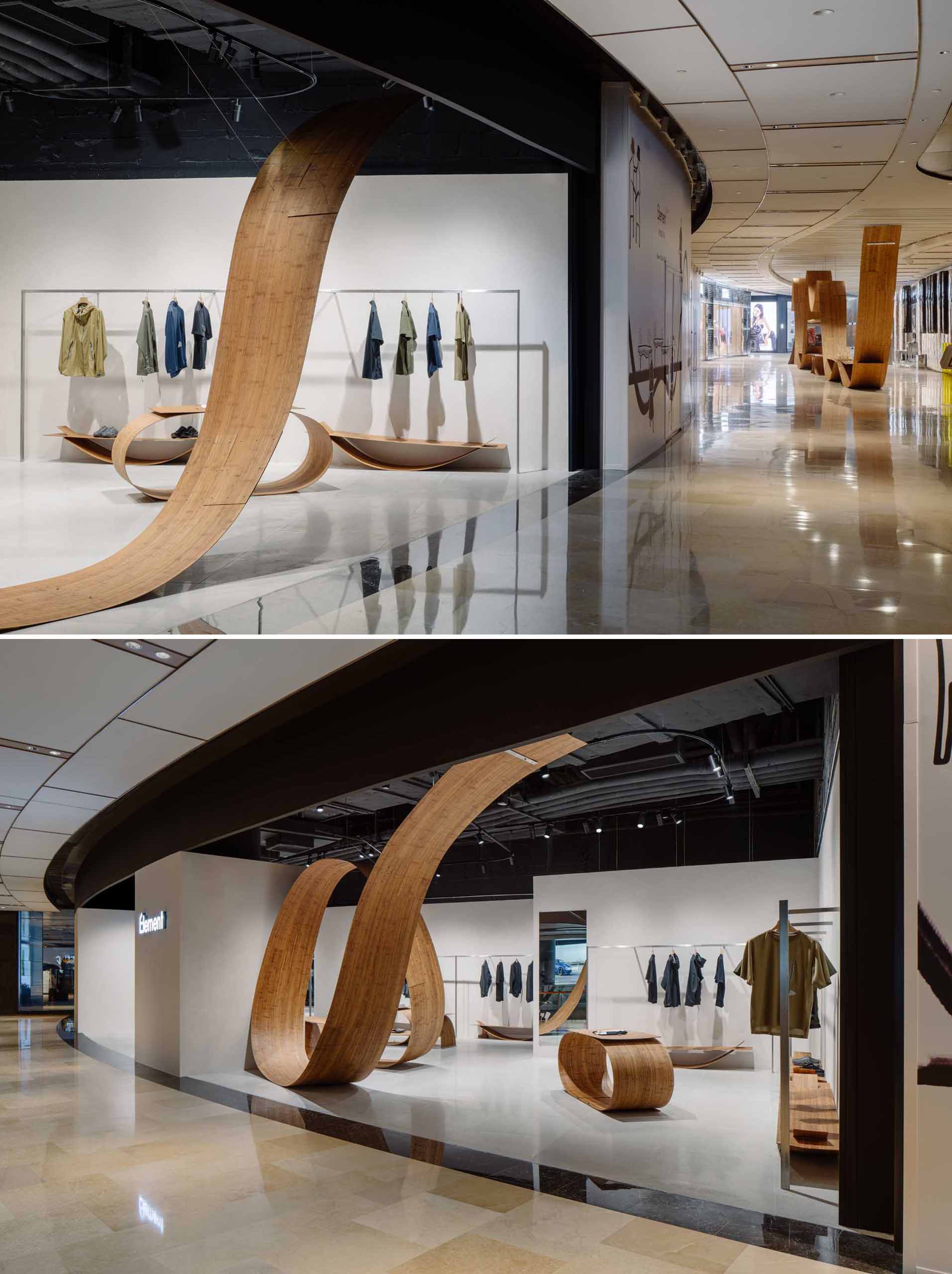 A pop-up shop and exhibition space includes sculptures and furniture made from bamboo.