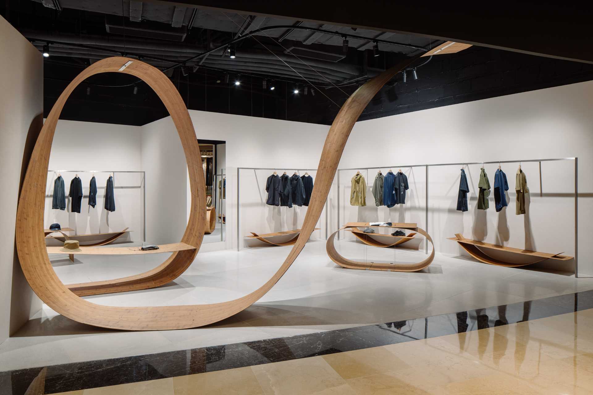 A pop-up shop and exhibition space includes sculptures and furniture made from bamboo.