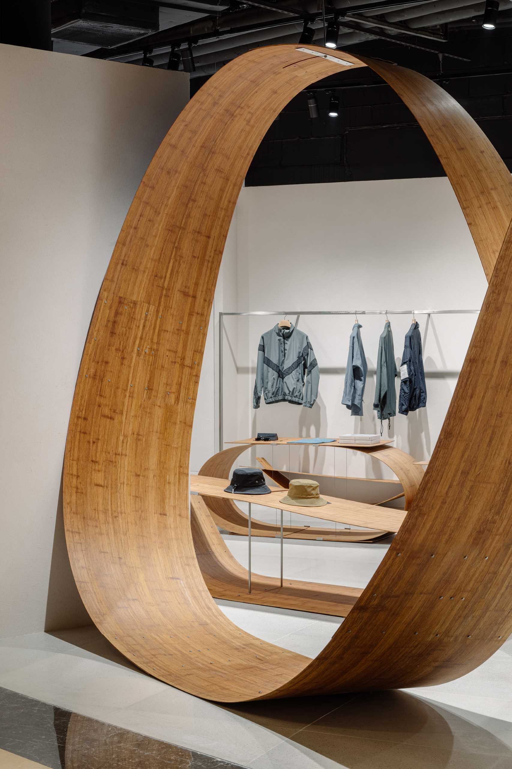 A pop-up shop and exhibition space includes sculptures and furniture made from bamboo.