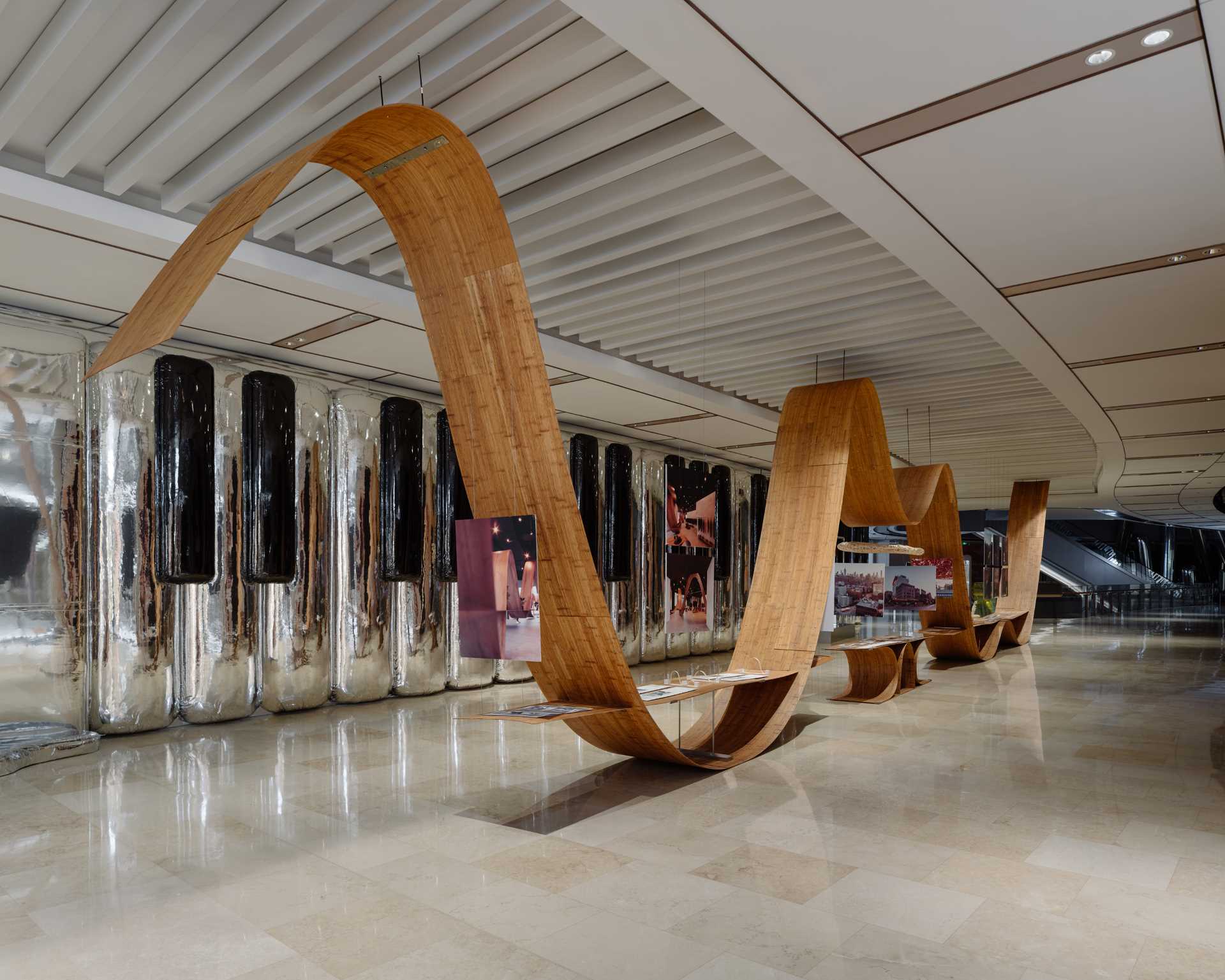 A pop-up shop and exhibition space includes sculptures and furniture made from bamboo.