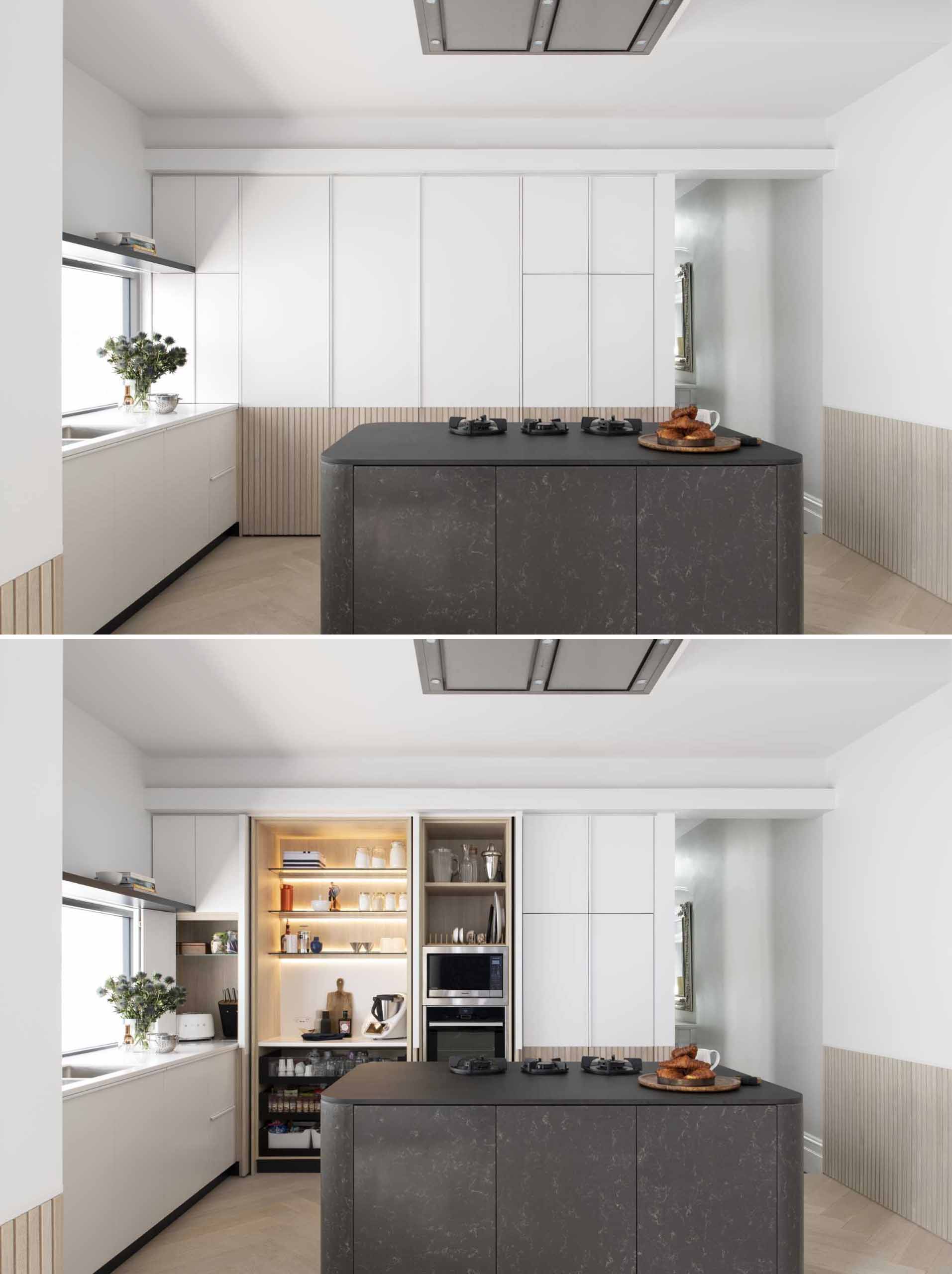 A modern white kitchen with wood paneling around the lower section of the cabinets. Integrated appliances have also been included in the kitchen design.