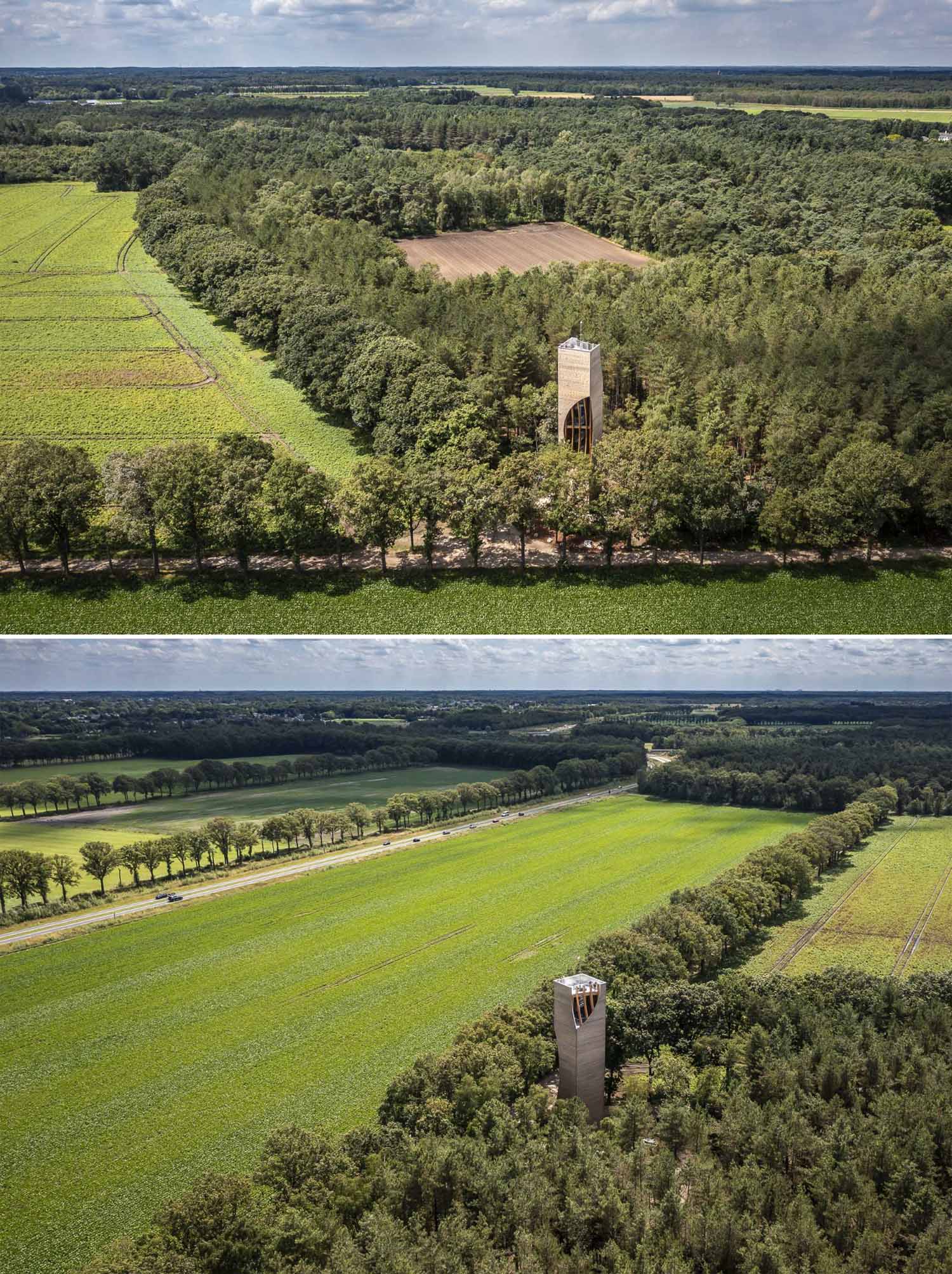 A modern wood watchtower which acts as a lookout and as a bat habitat.