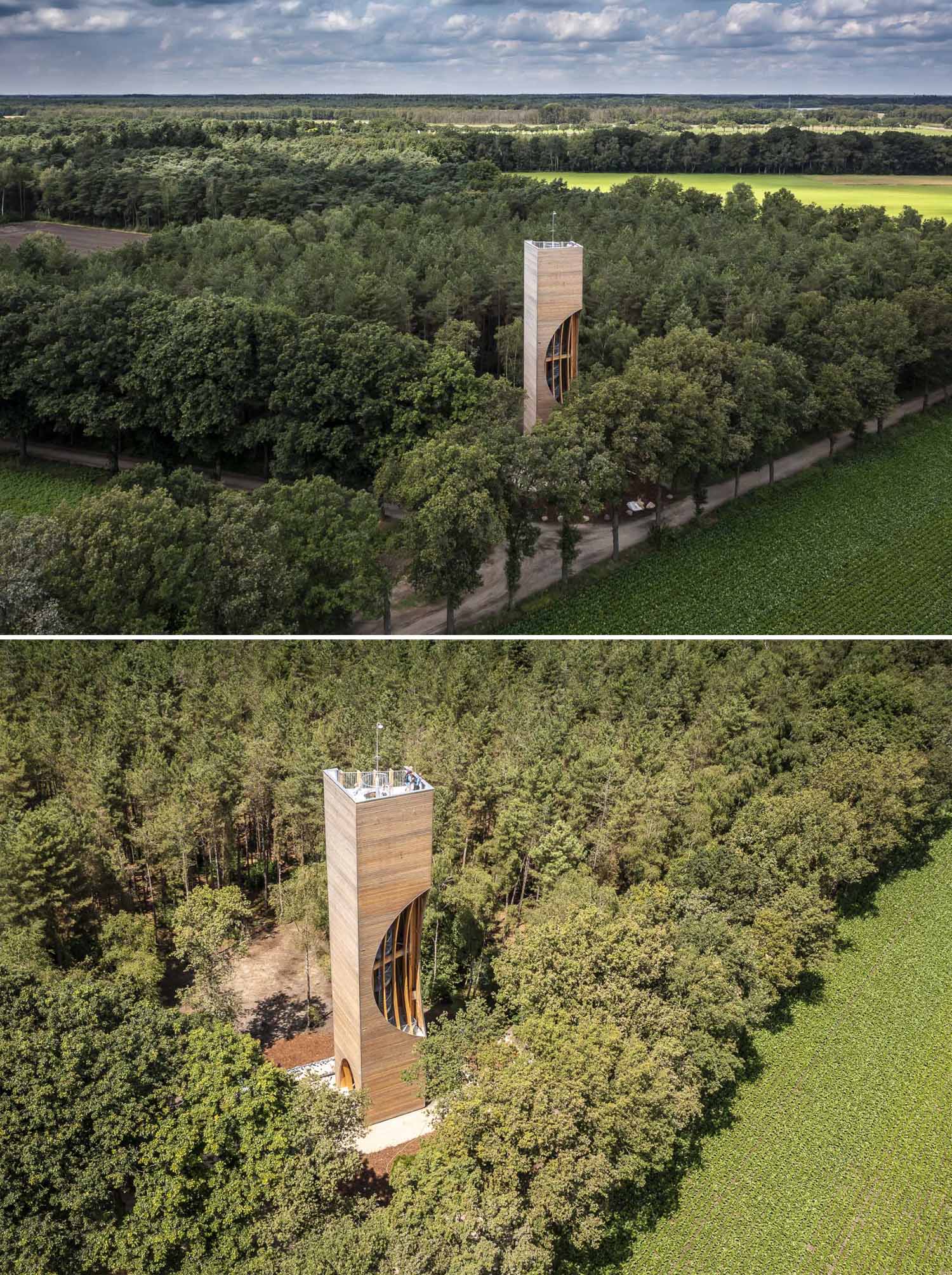 A modern wood watchtower which acts as a lookout and as a bat habitat.