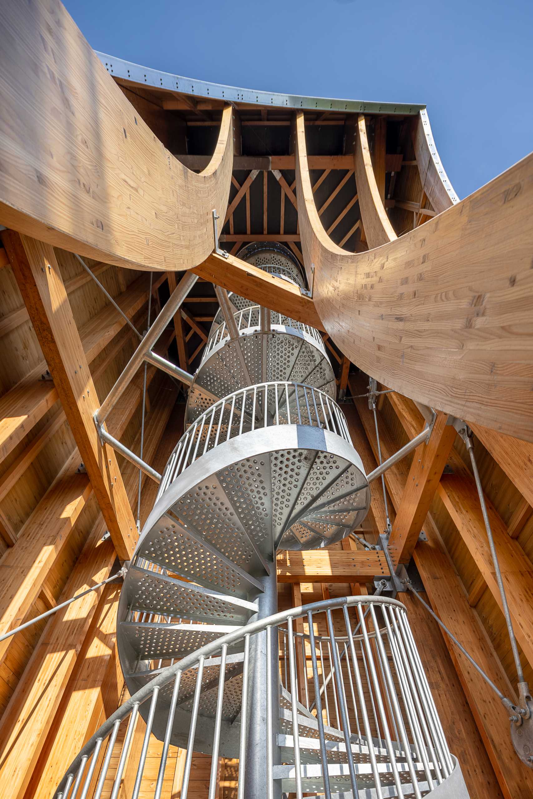 A modern wood watchtower which acts as a lookout and as a bat habitat.