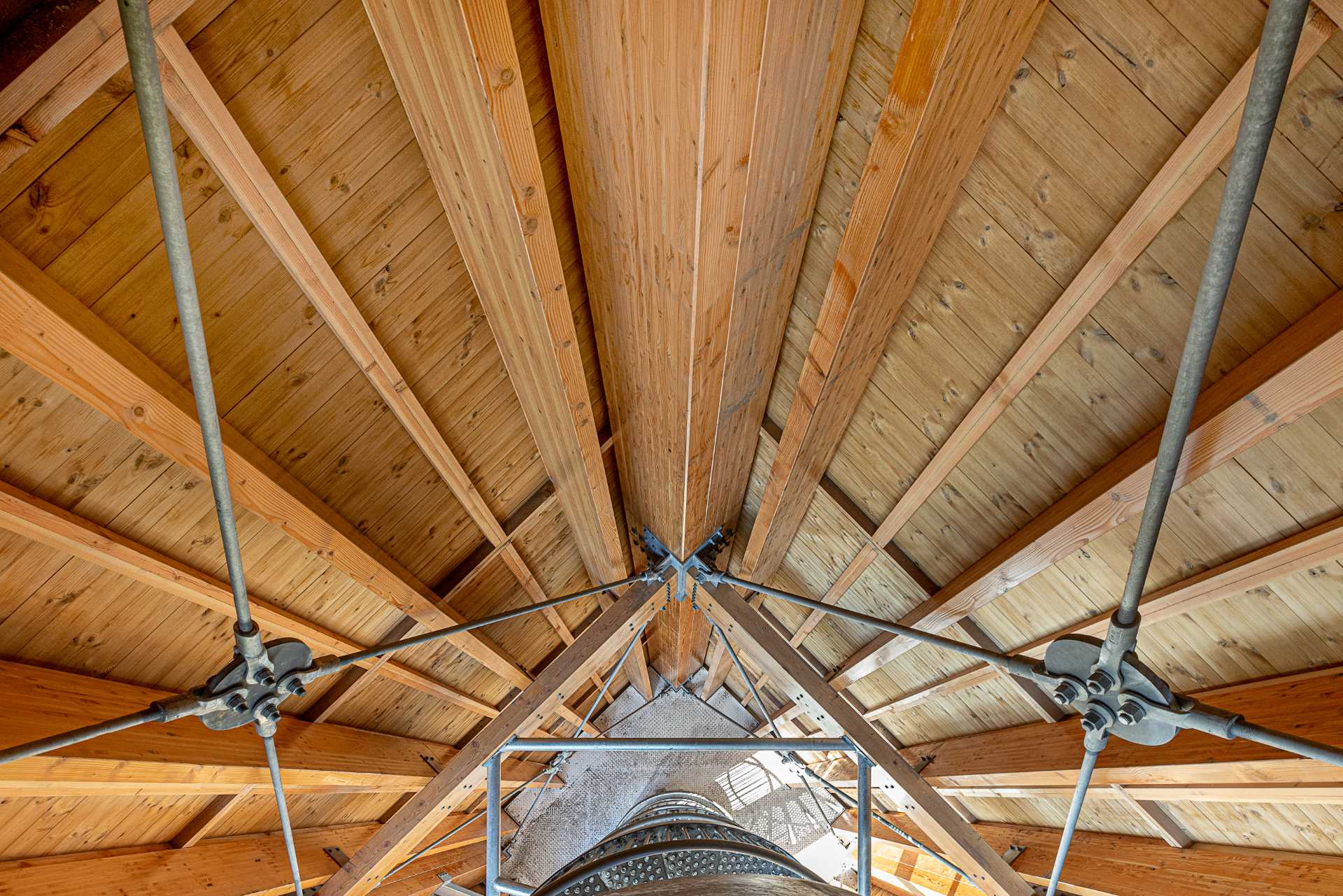 A modern wood watchtower which acts as a lookout and as a bat habitat.