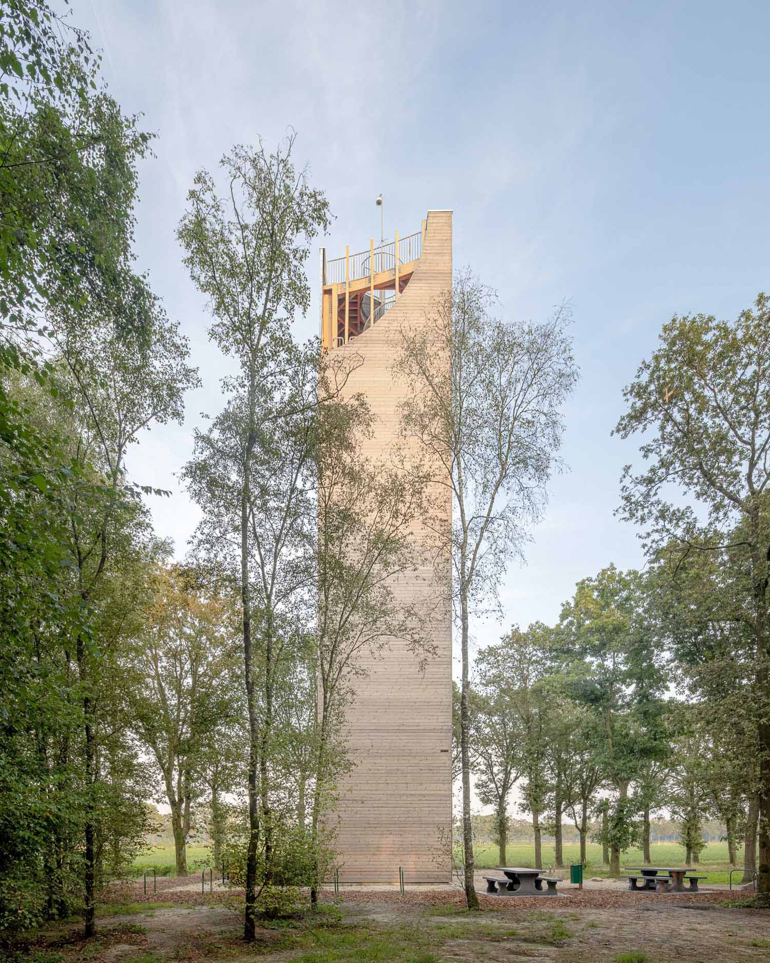 A modern wood watchtower which acts as a lookout and as a bat habitat.