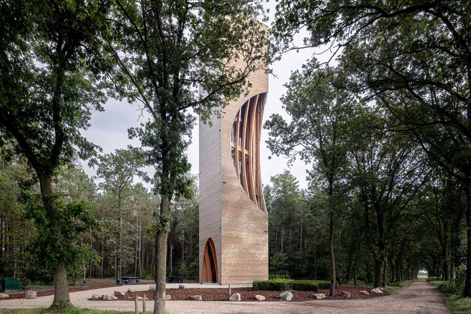 A modern wood watchtower which acts as a lookout and as a bat habitat.