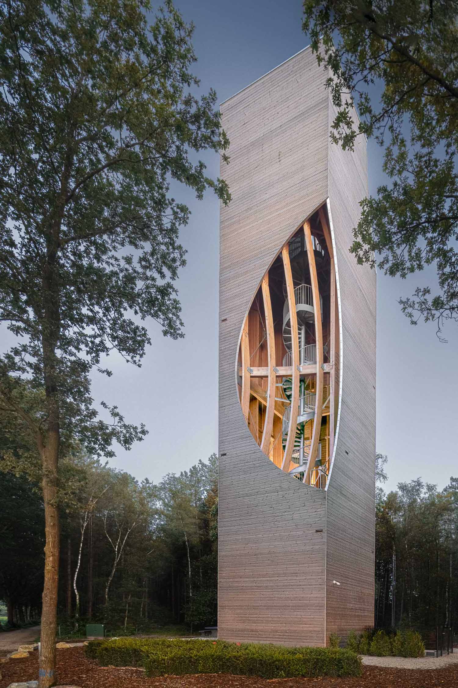 A modern wood watchtower which acts as a lookout and as a bat habitat.