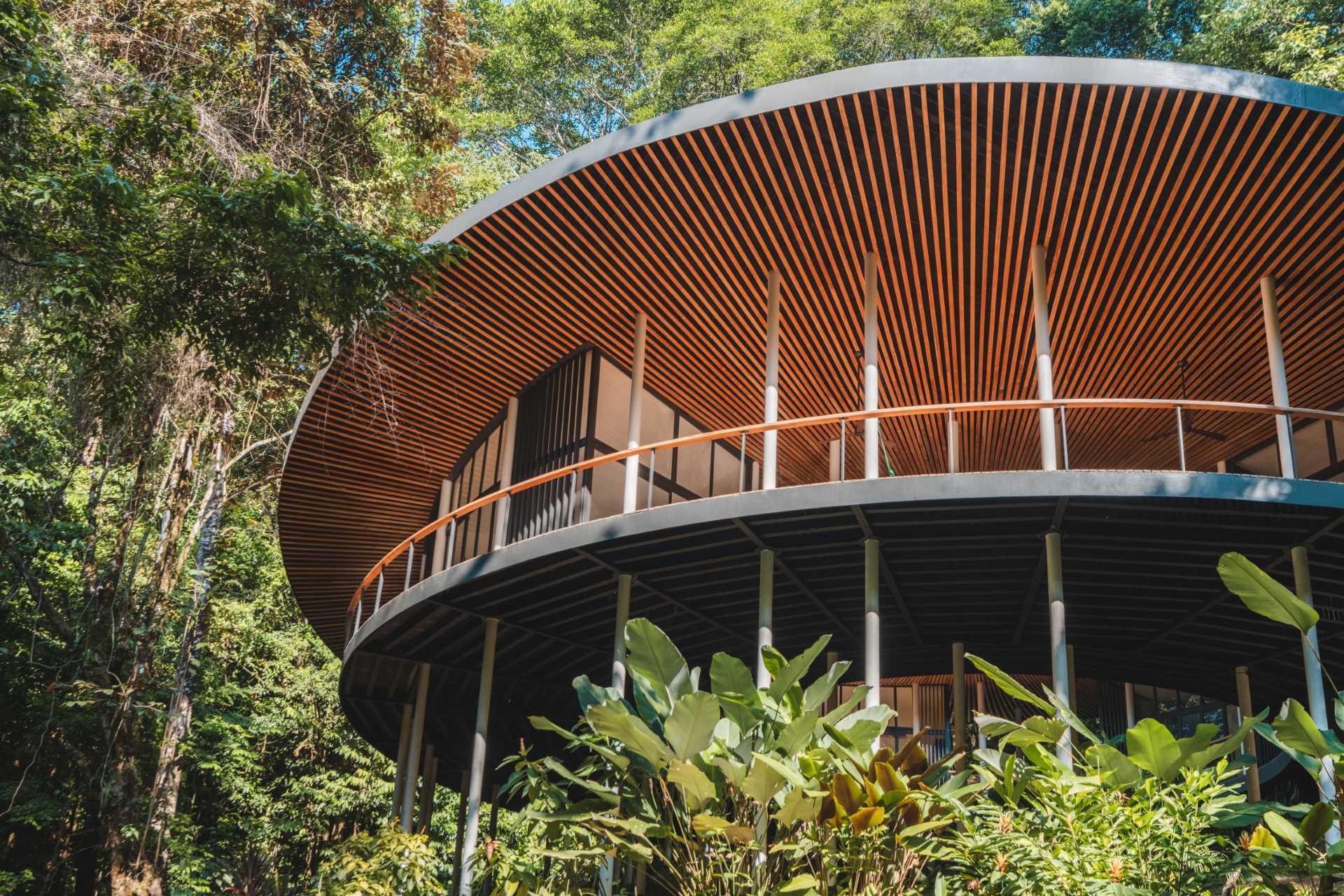 A modern circular off-grid home that's raised up on stilts.