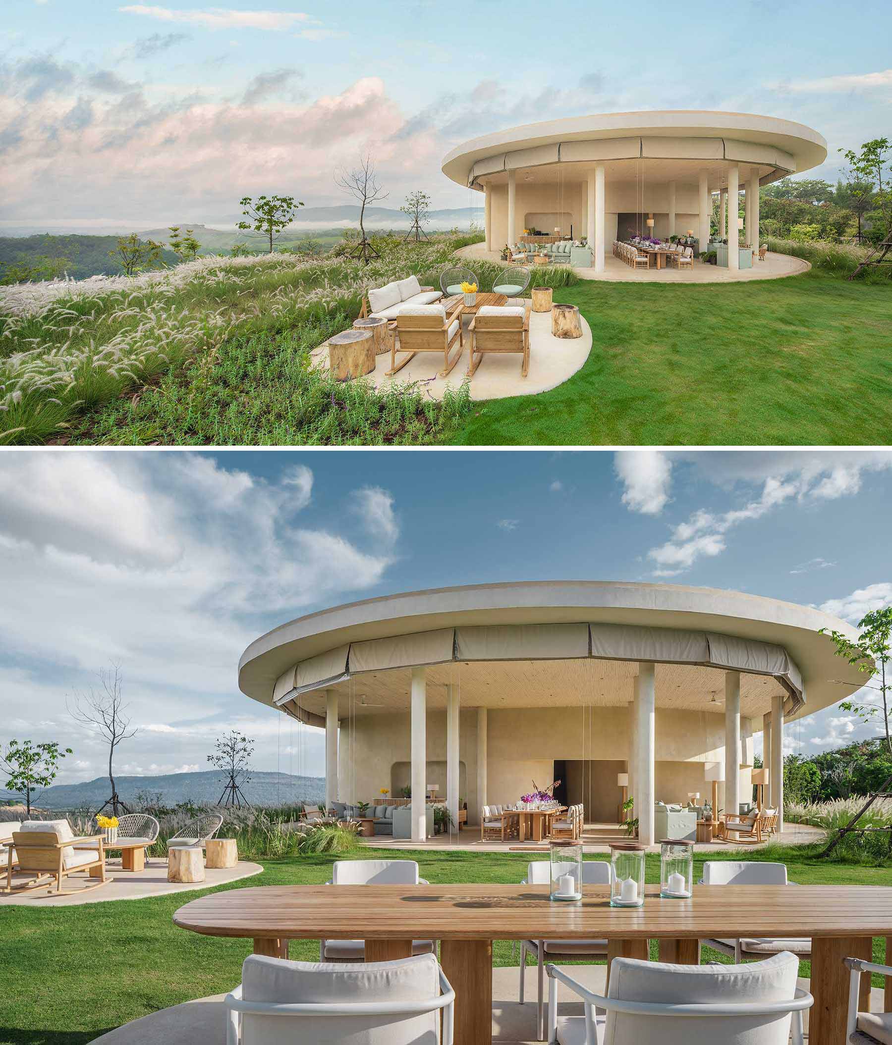 An open-air pavilion features earth tone colours and a ceiling made of bamboo. The pavilion is home to a variety of casual seating areas and a large central dining table.