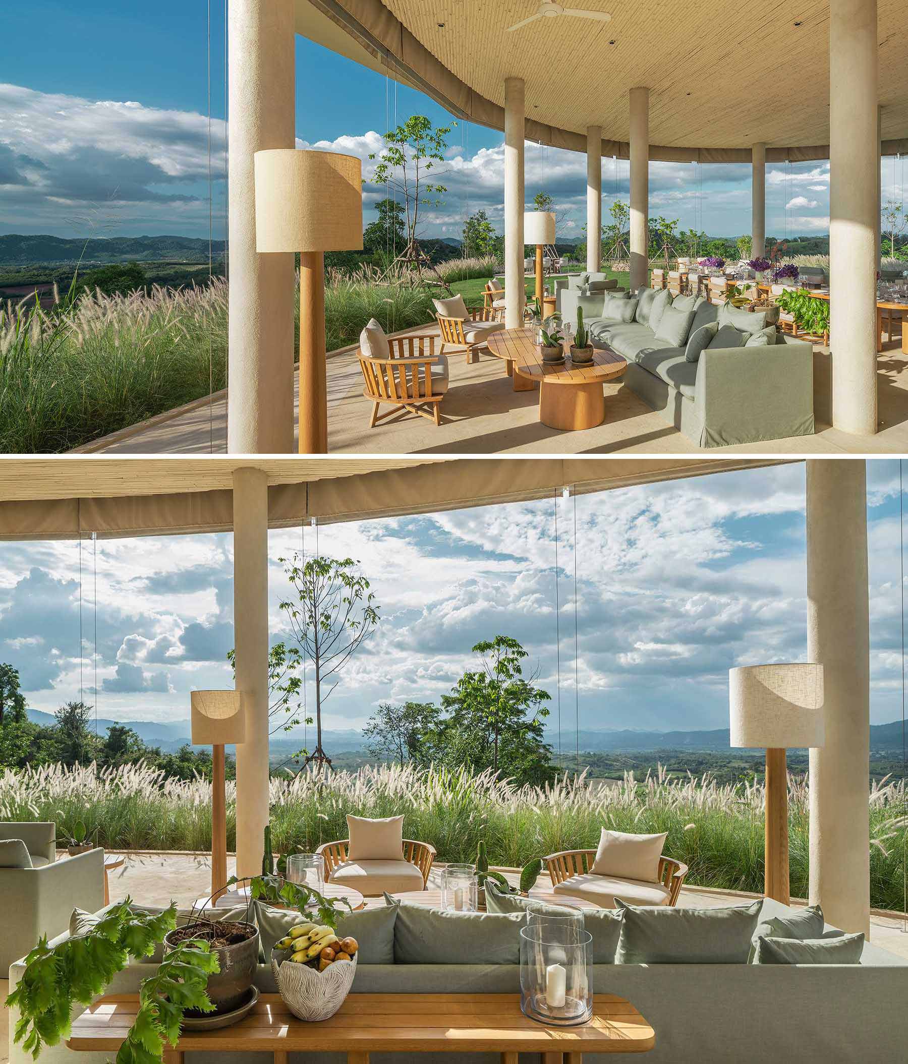 An open-air pavilion features earth tone colours and a ceiling made of bamboo. The pavilion is home to a variety of casual seating areas and a large central dining table.