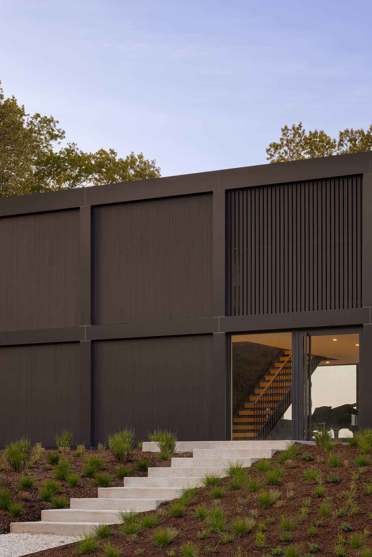 A modern home with a grid-inspired exterior.