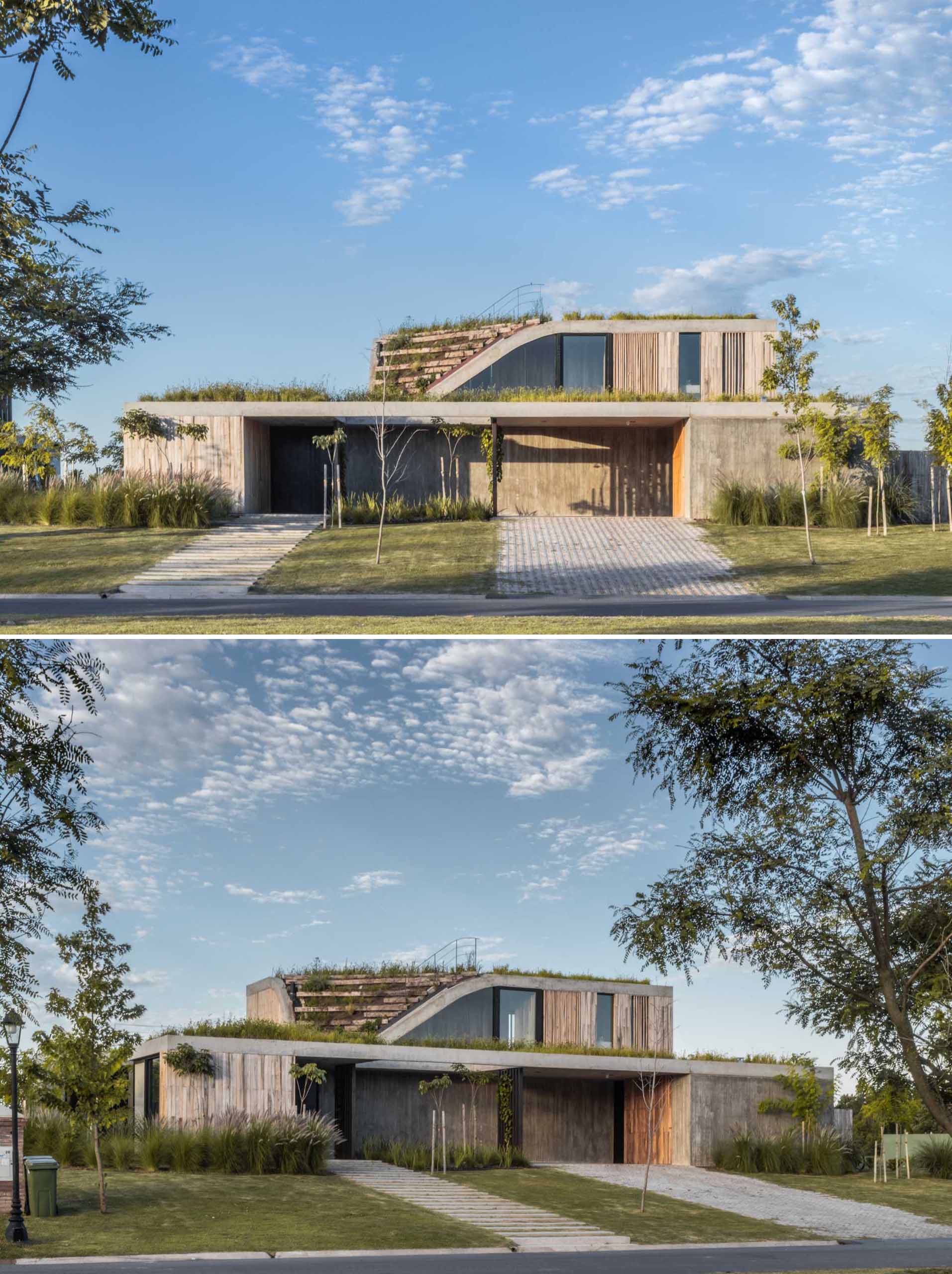 A modern home with a green roof also features a material palette of concrete and wood.