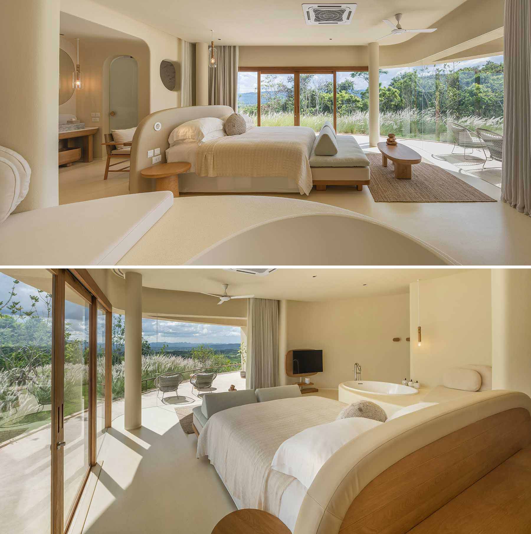 A modern hotel room with earth tones, natural materials, and a built-in bathtub.