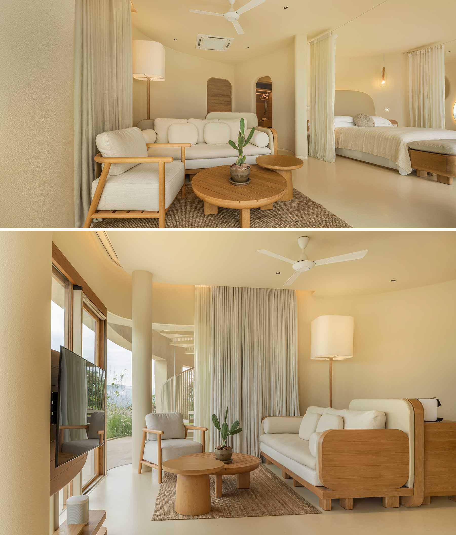 A modern hotel room with earth tones and natural materials.