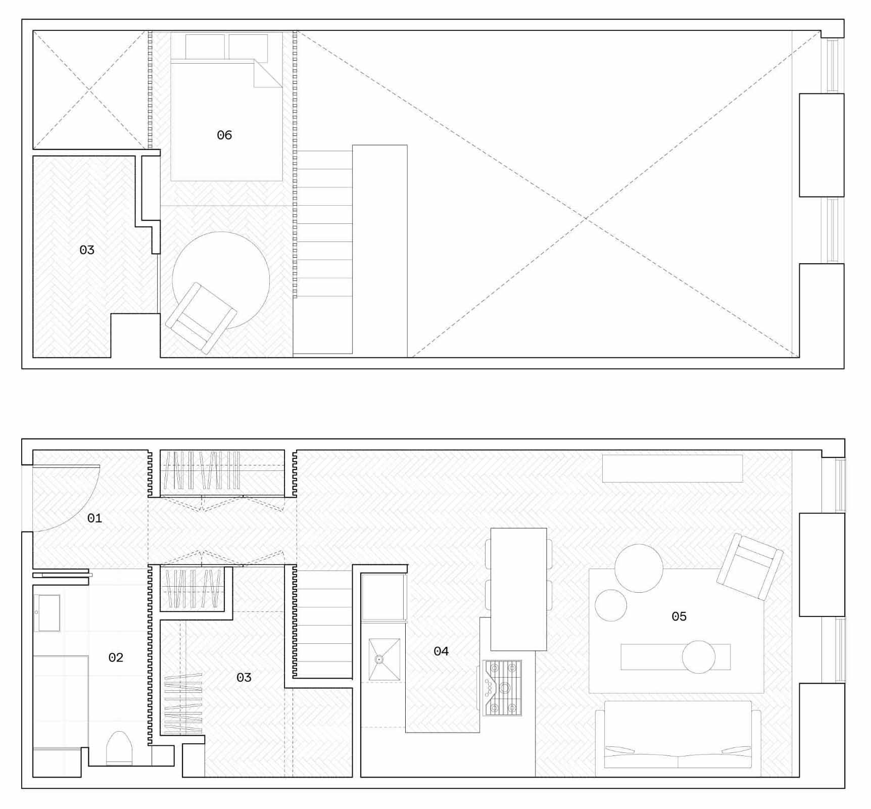 Architectural drawings for a renovated small loft apartment.