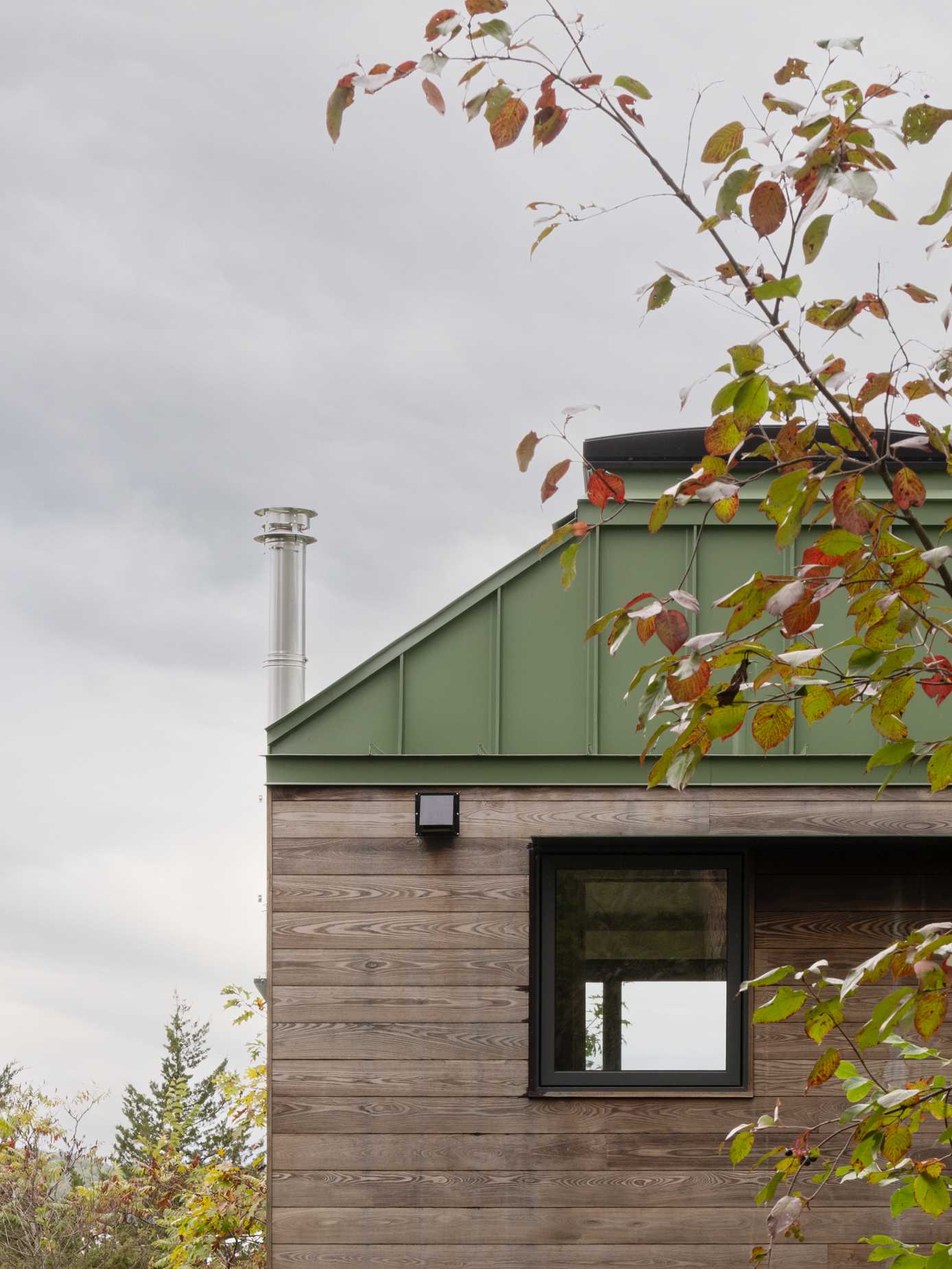 A modern cabin clad in sage green standing seam metal and natural ash siding.