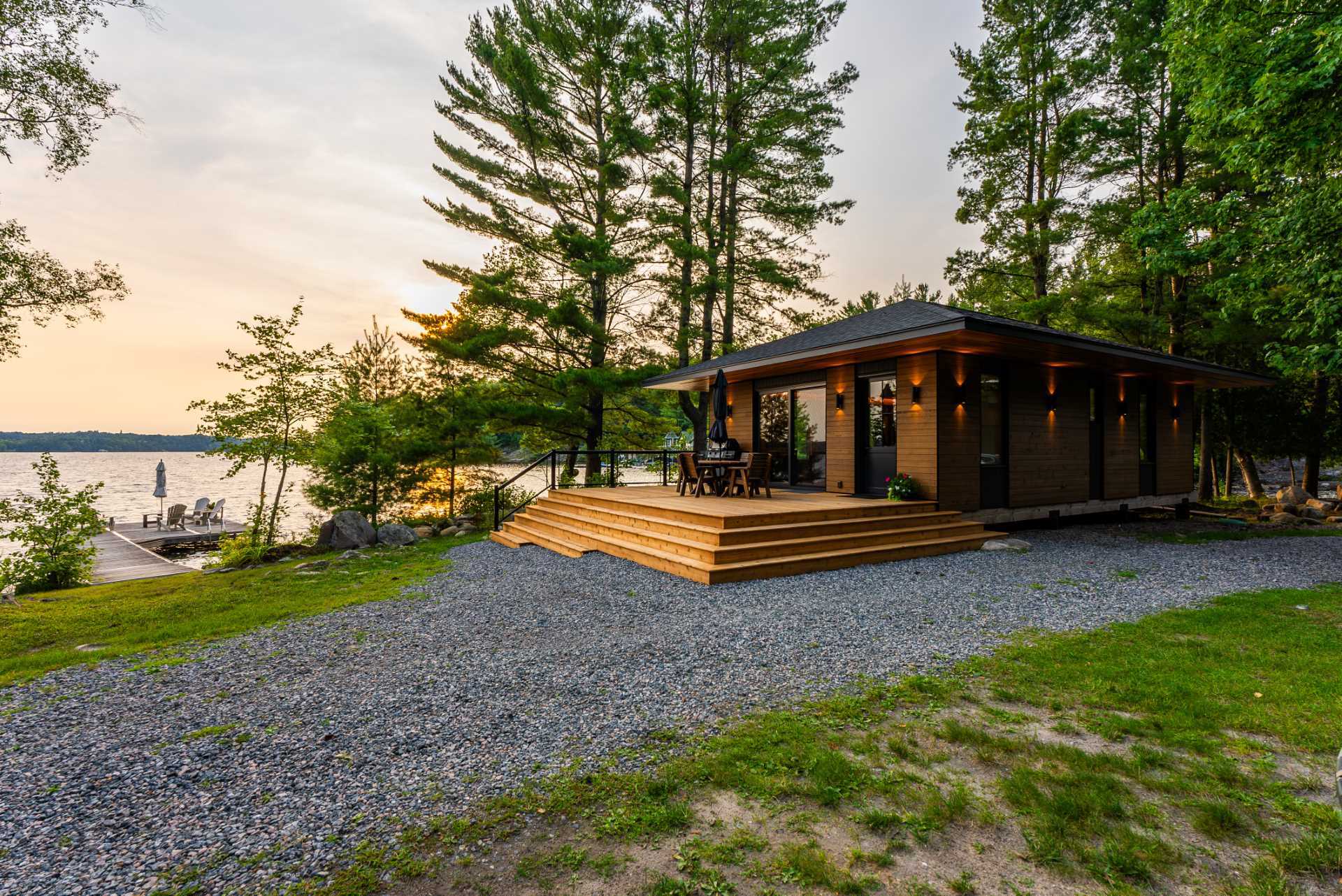 A small Canadian lakefront cabin with exposed Douglas Fir posts and beams.