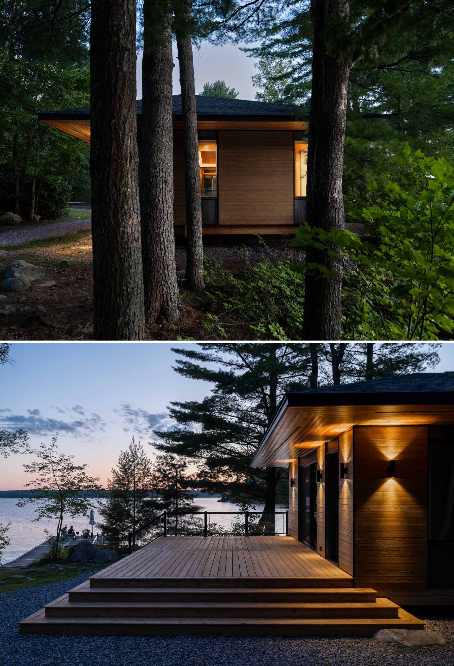 A small Canadian lakefront cabin with exposed Douglas Fir posts and beams.