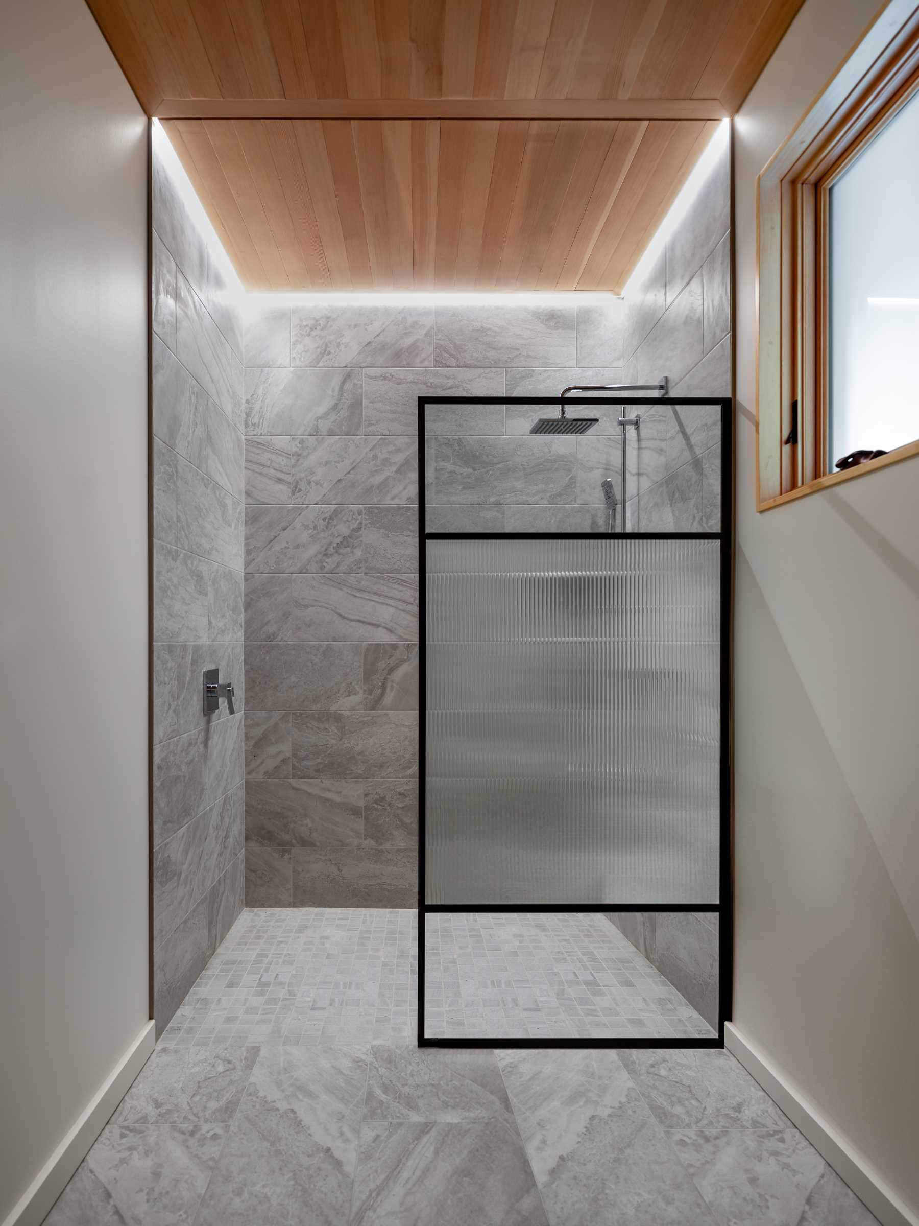 The contemporary bathroom with a walk-in shower in a small lakefront cabin.