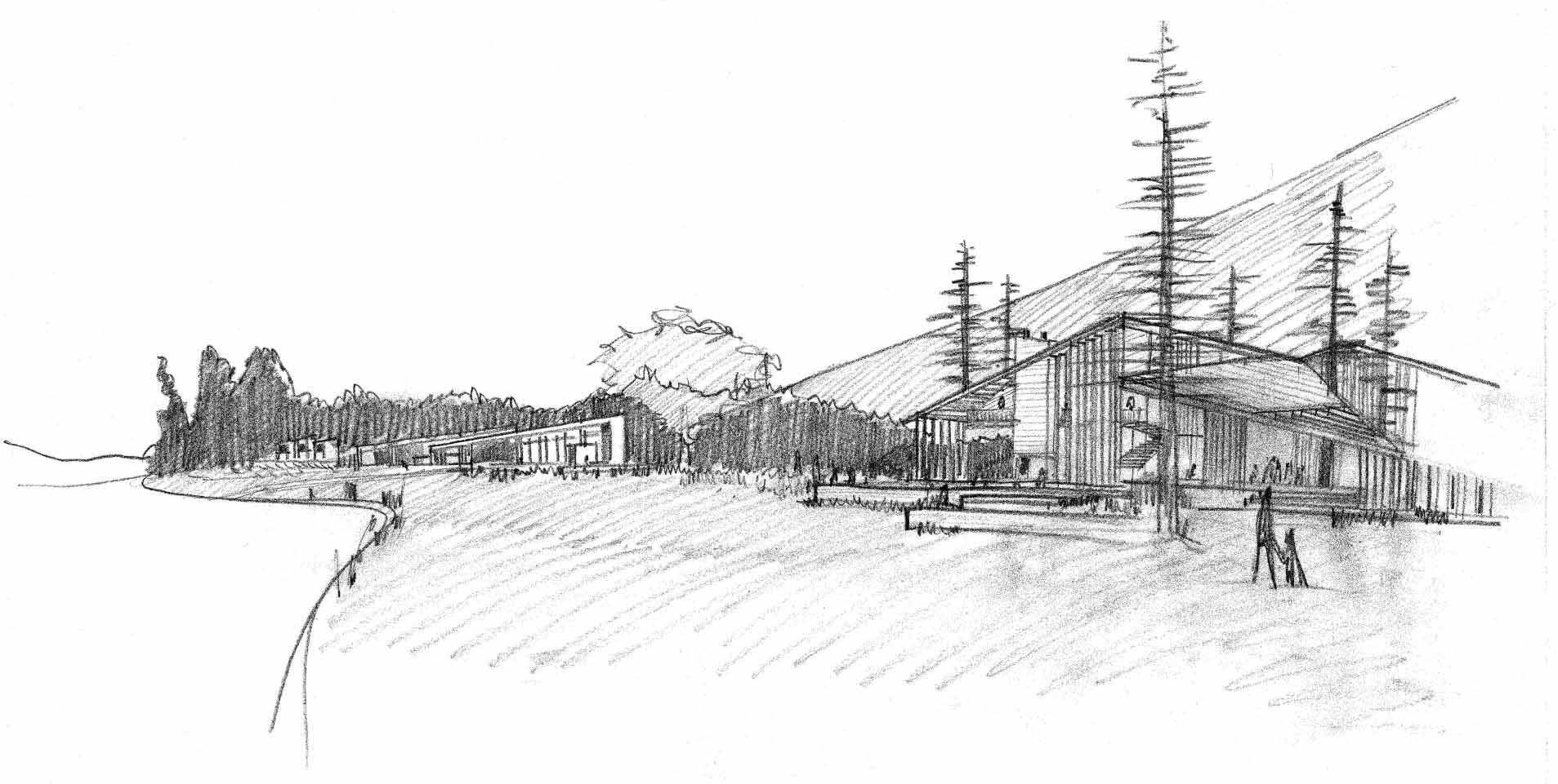 Architectural drawing of a modern ranch lodge.