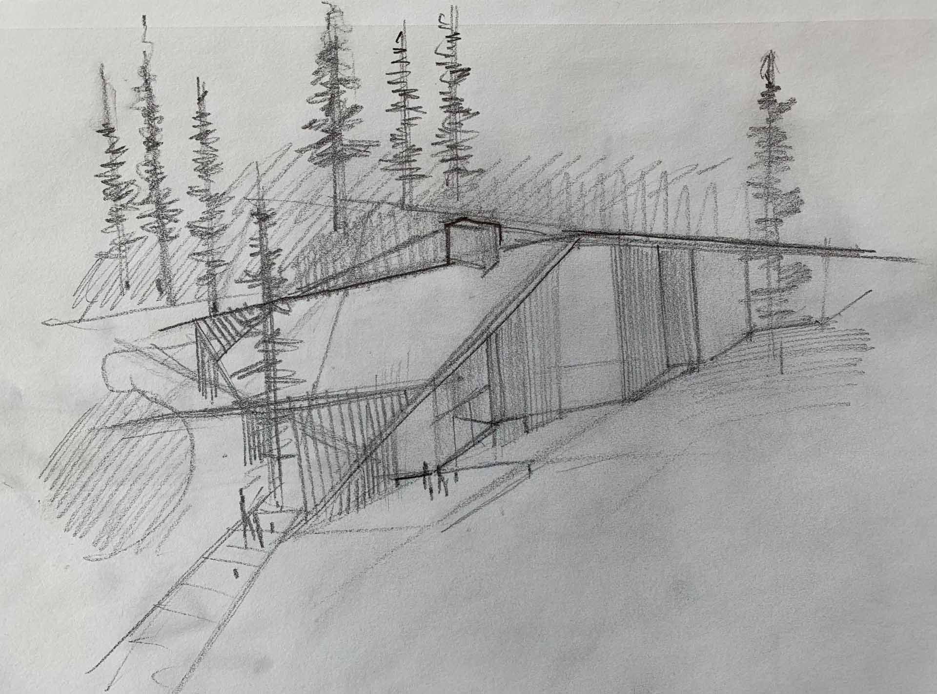 Architectural drawing of a modern ranch lodge.