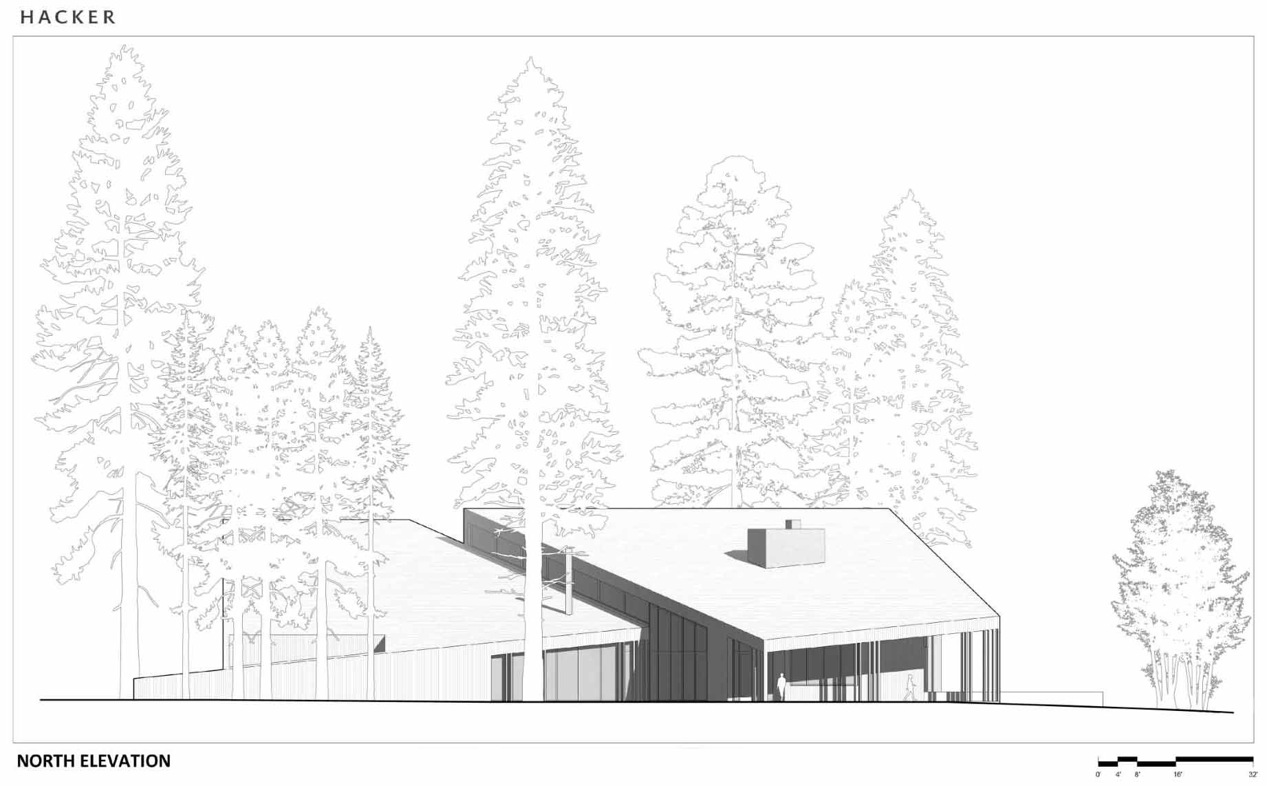 Architectural drawing of a modern ranch lodge.