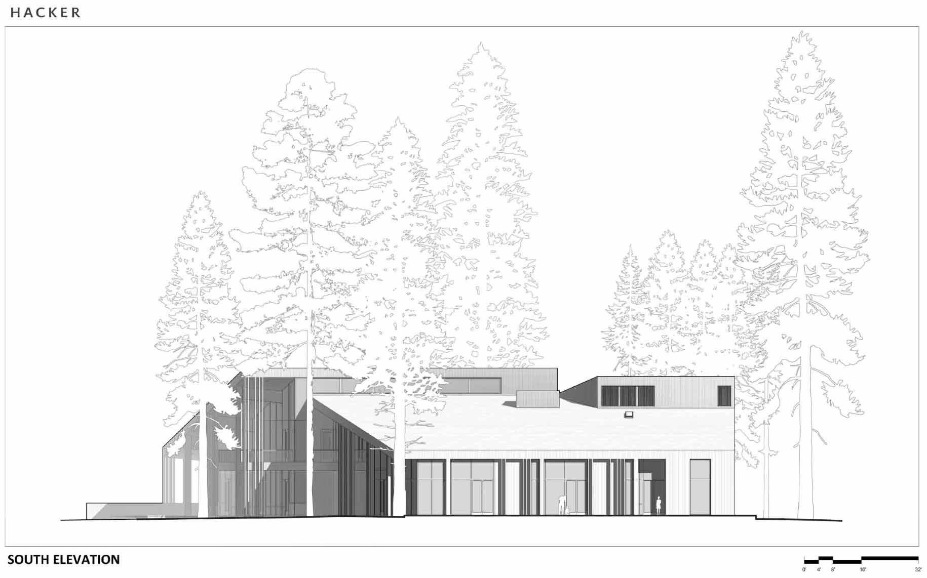 Architectural drawing of a modern ranch lodge.