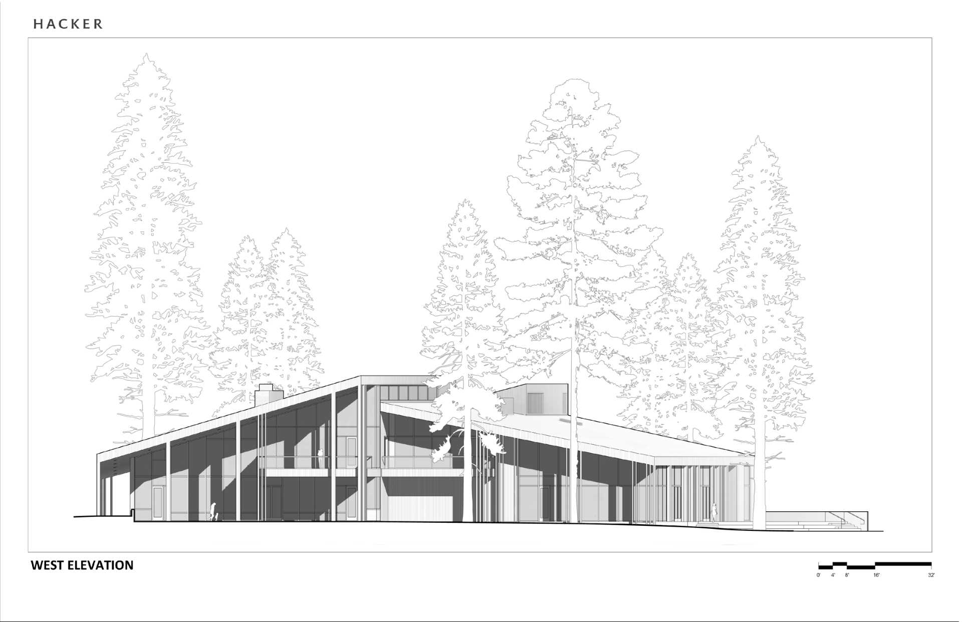 Architectural drawing of a modern ranch lodge.