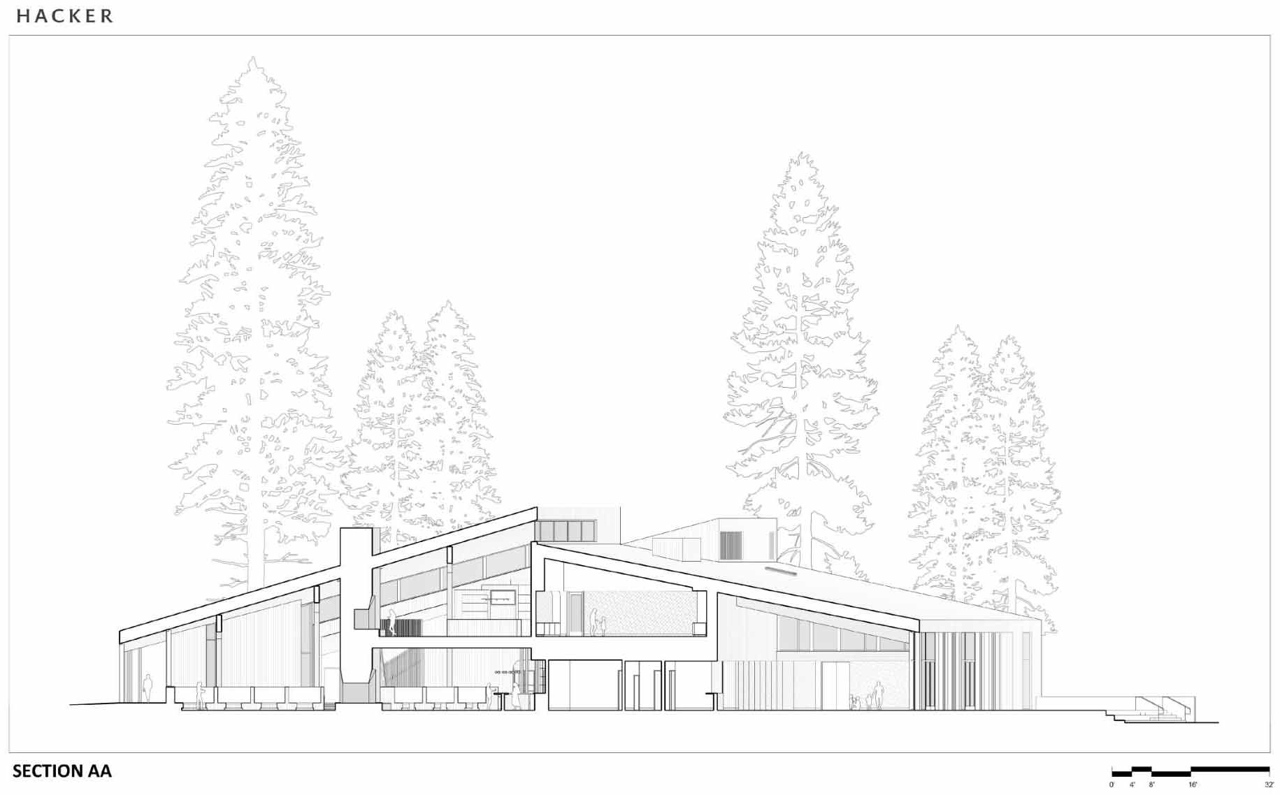 Architectural drawing of a modern ranch lodge.