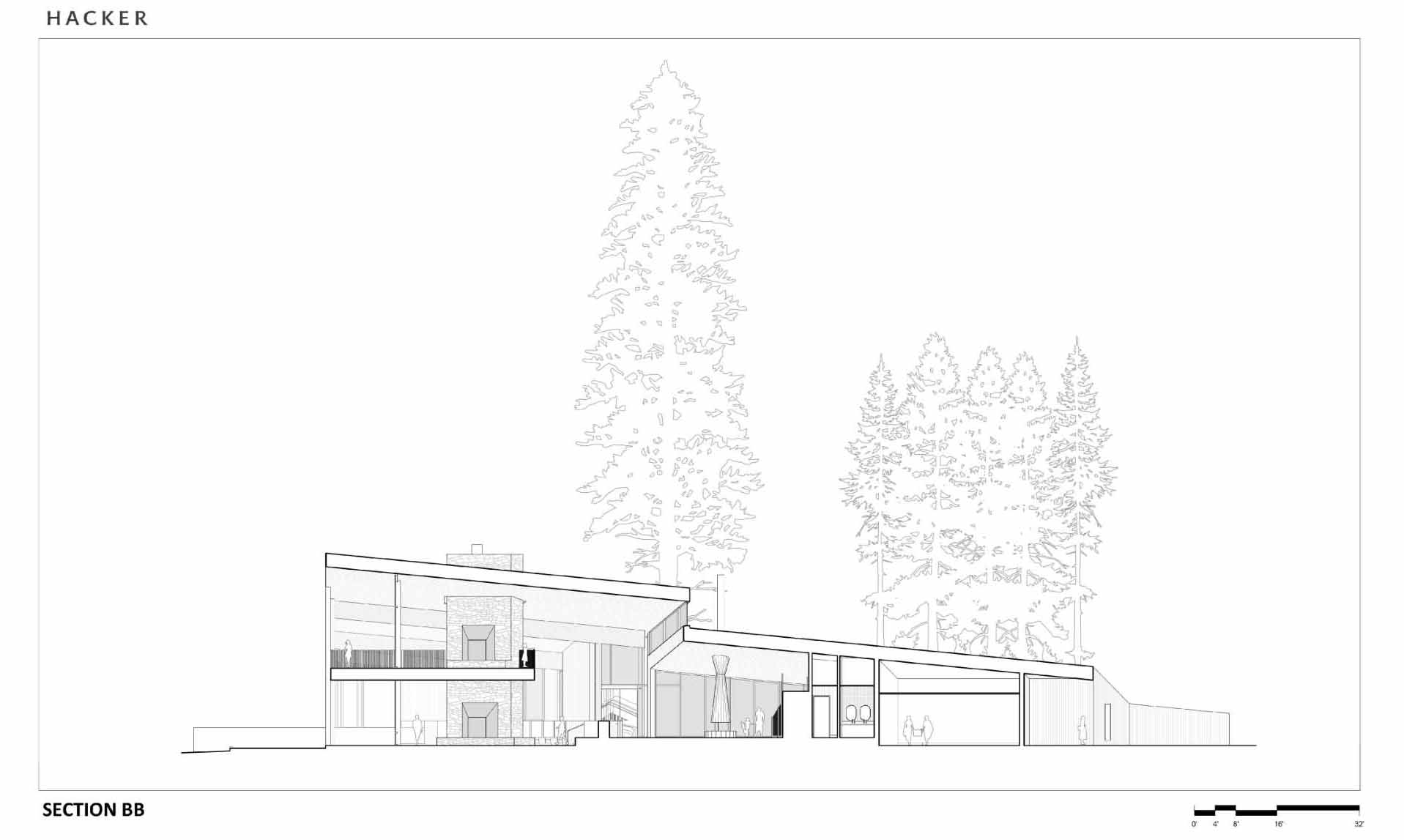 Architectural drawing of a modern ranch lodge.