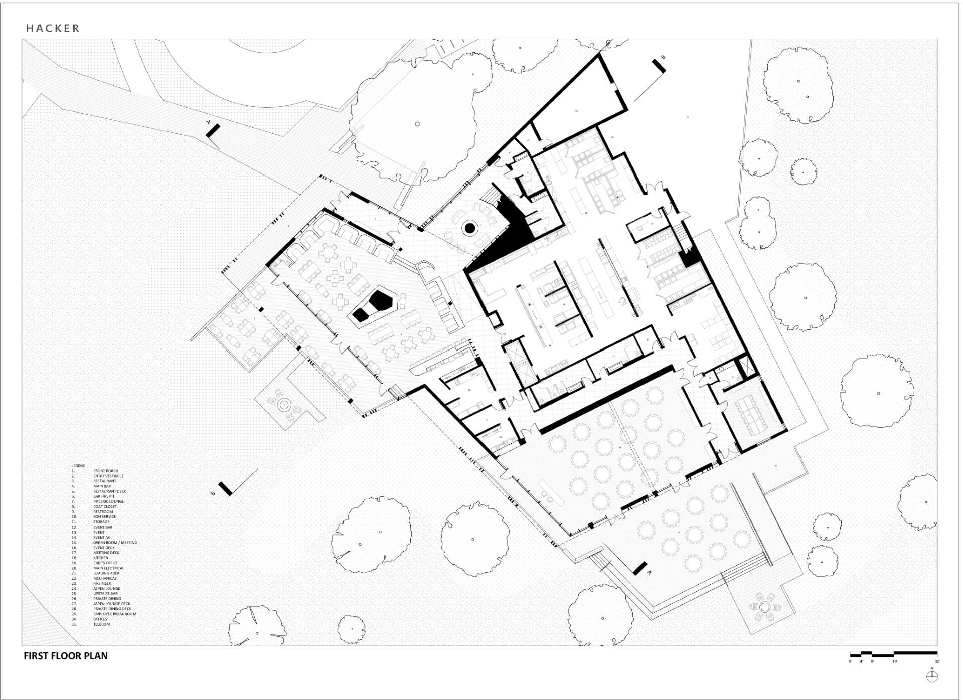 Architectural drawing of a modern ranch lodge.