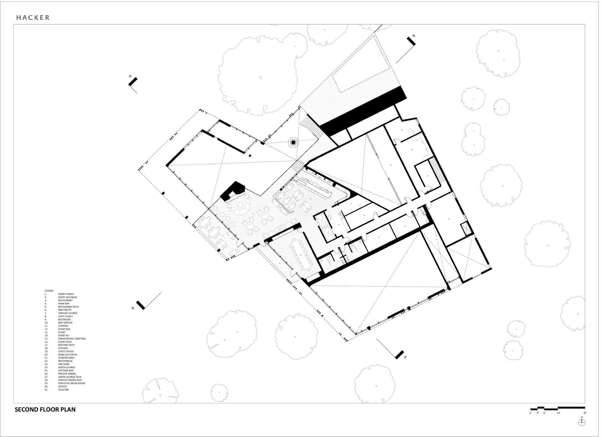 Architectural drawing of a modern ranch lodge.