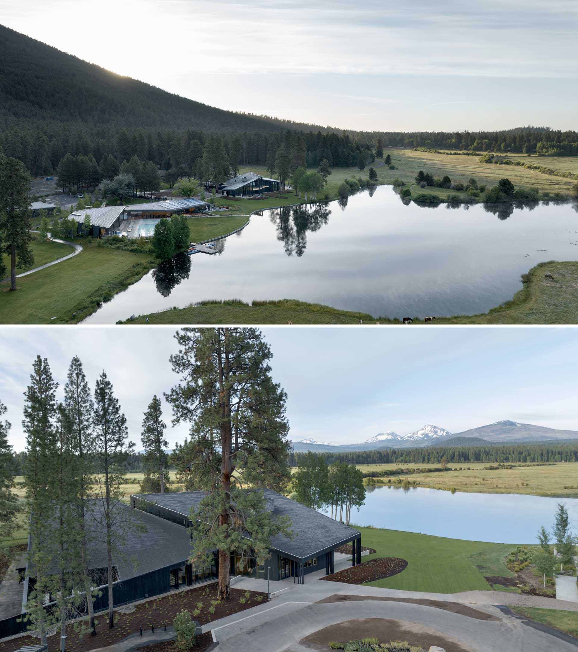 A modern ranch lodge with a black charred cedar exterior (shou sugi ban) and a warm wood interior.