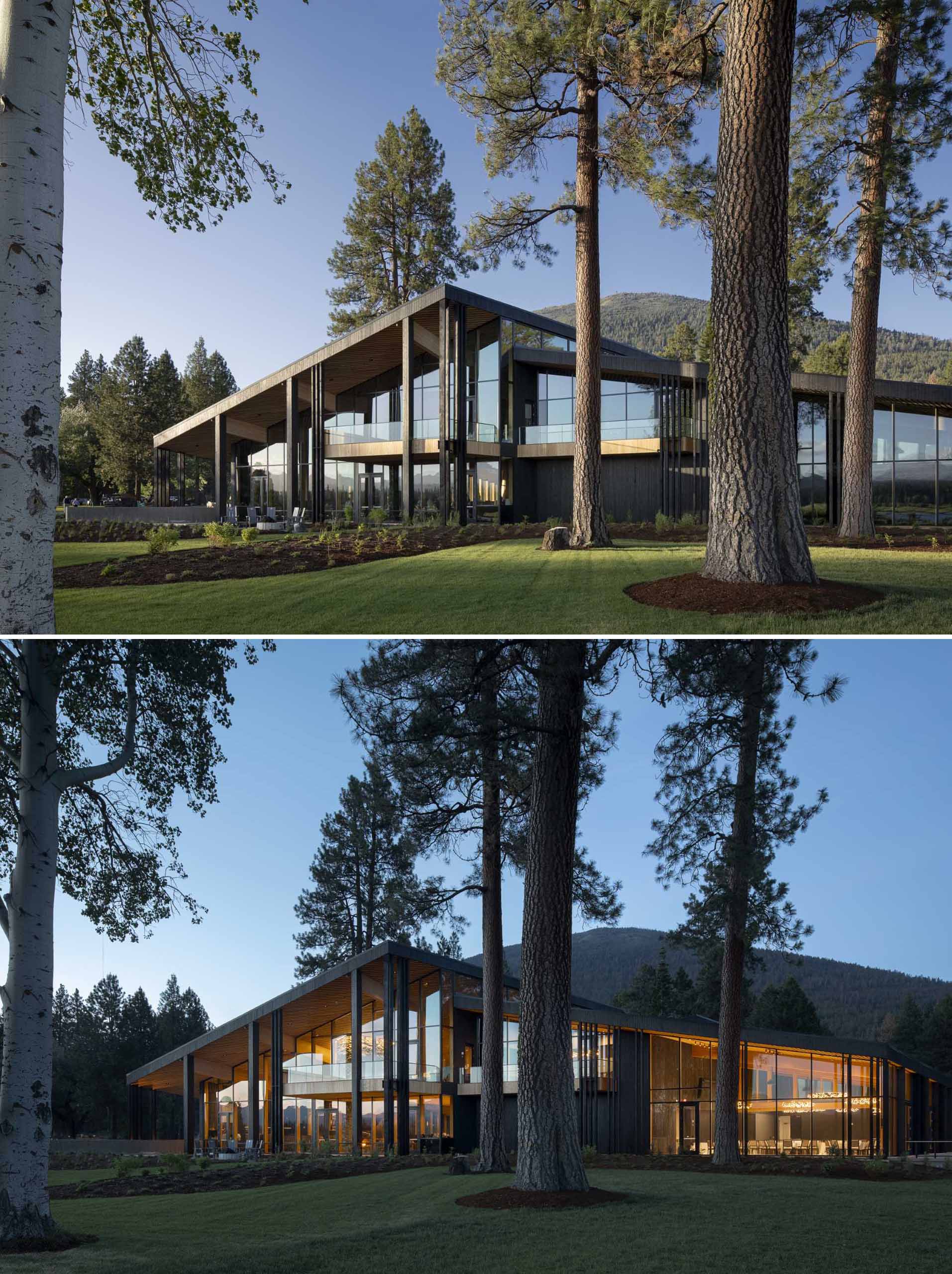 A modern ranch lodge with a black charred cedar exterior (shou sugi ban) and a warm wood interior.