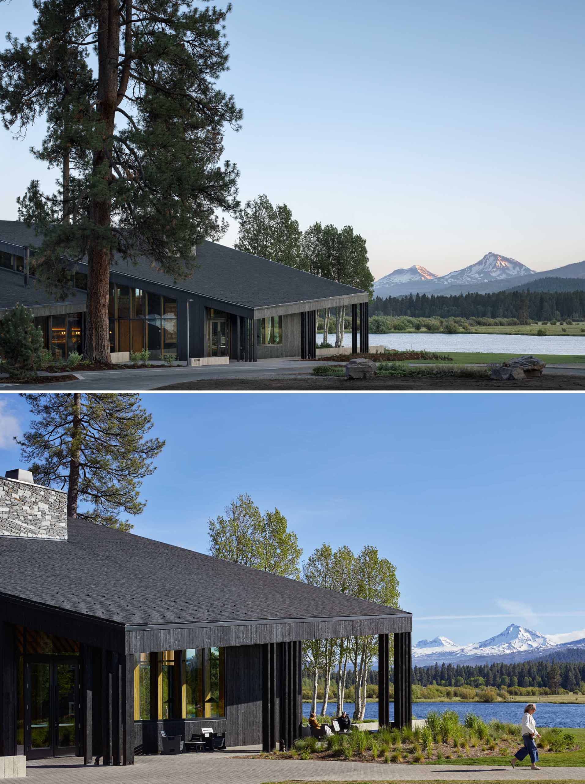 A modern ranch lodge with a black charred cedar exterior (shou sugi ban) and a warm wood interior.